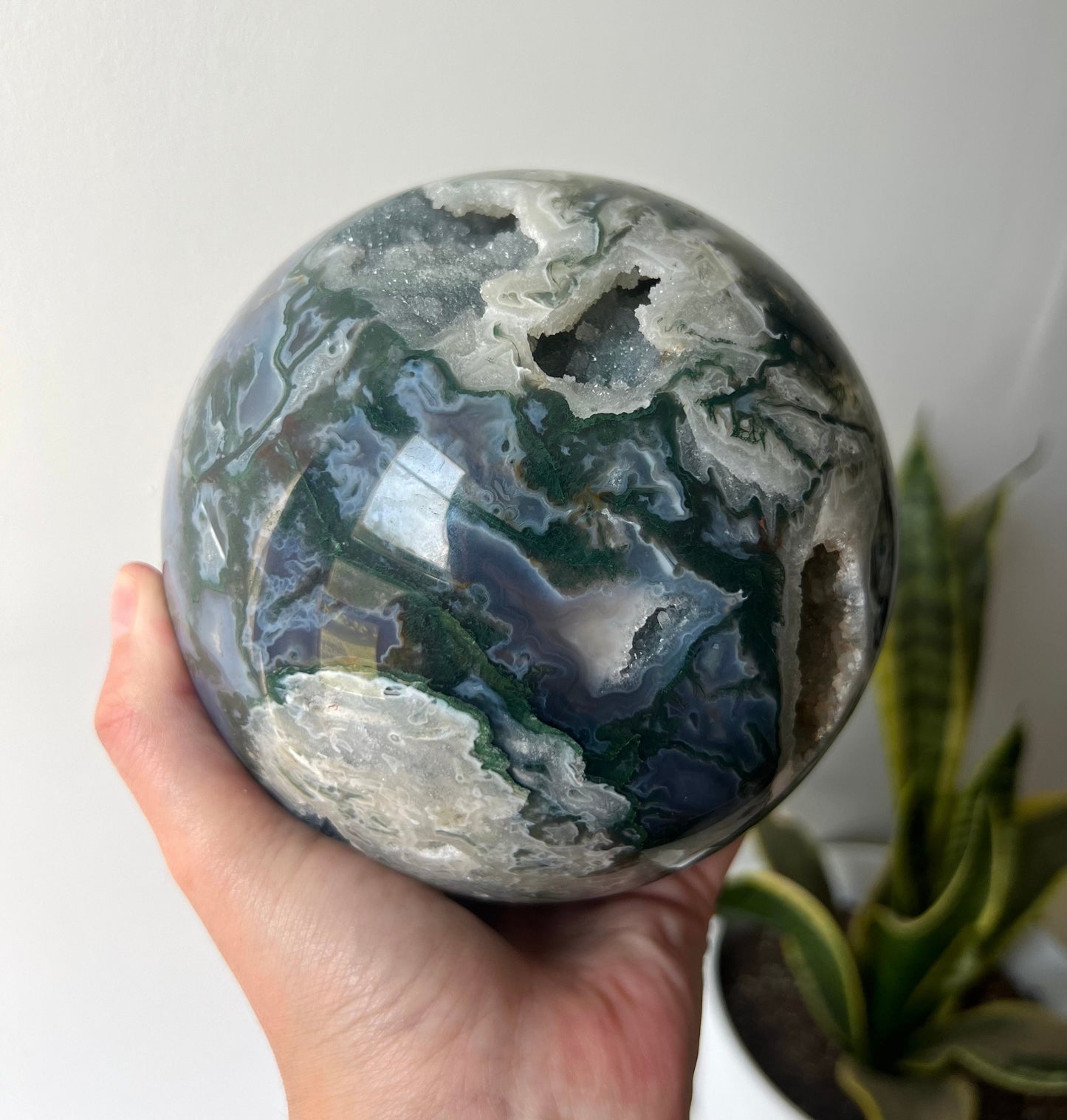 XL Gorgeous Druzy Moss Agate Sphere 3.373kg 120mm Moss Agate Crystal Ball
