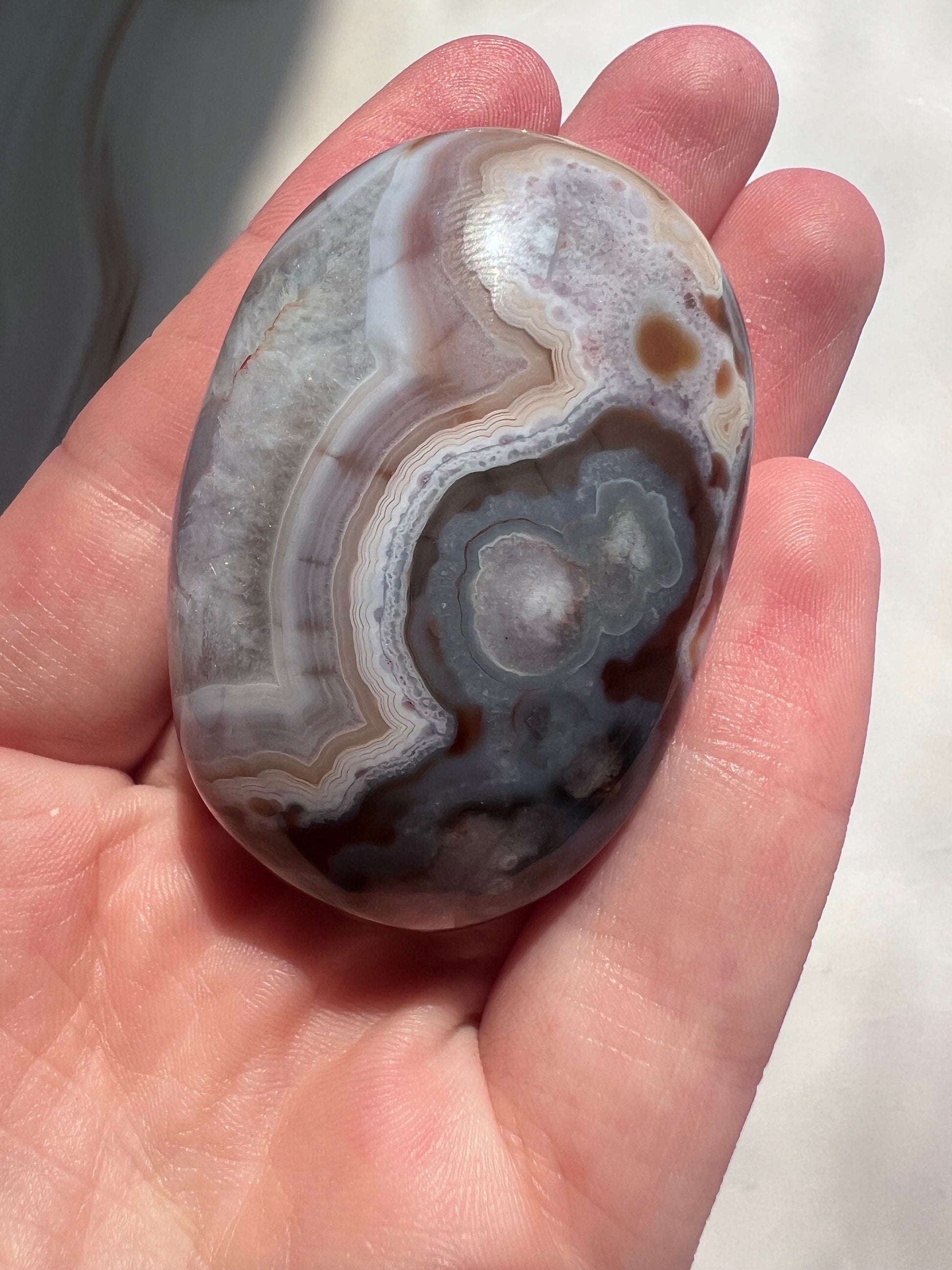 Stunning Blue Flower Agate Palmstone With Banding | Black Flower Agate Palm Stone