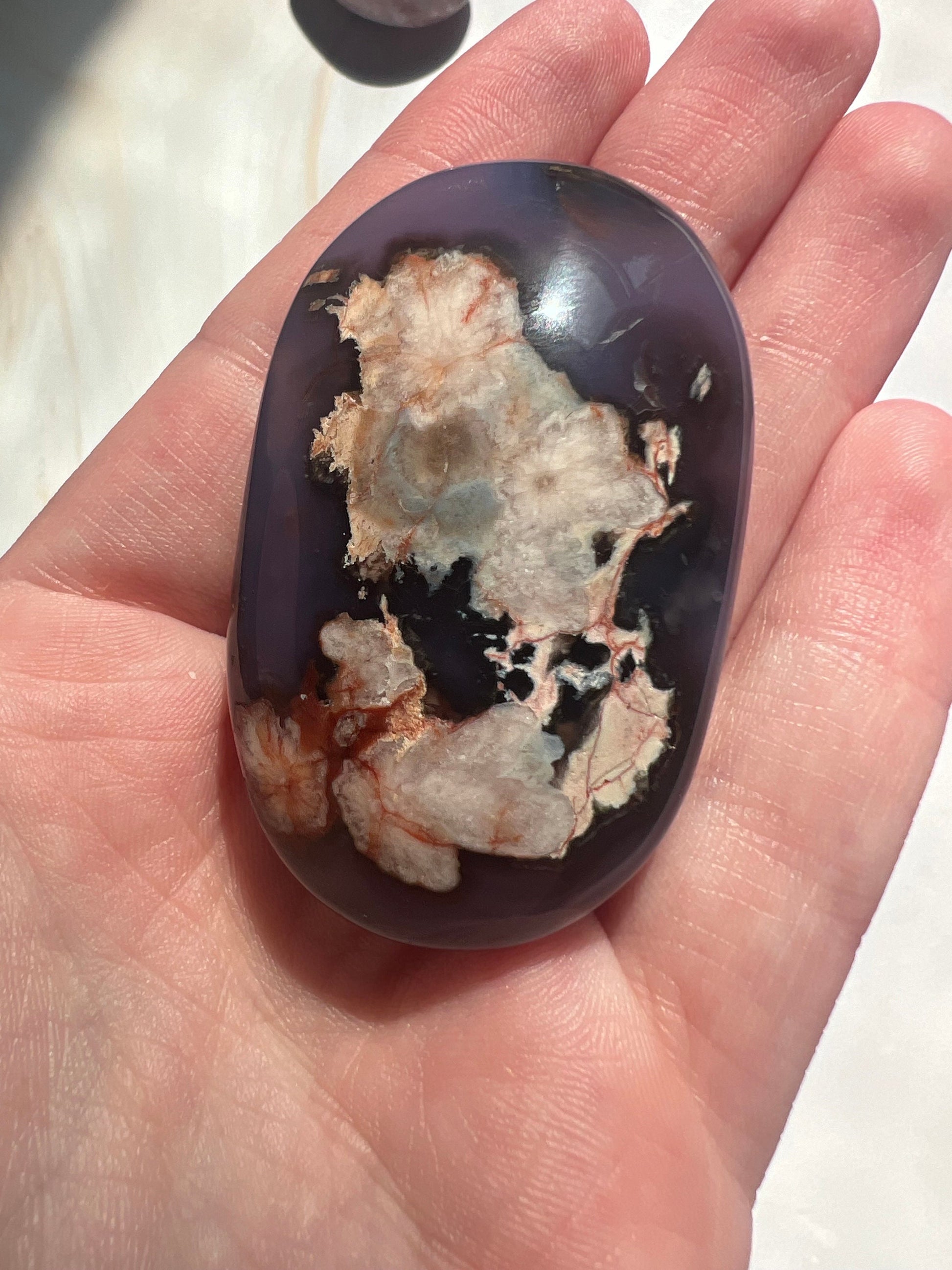 Stunning Blue Flower Agate Palmstone With Banding | Black Flower Agate Palm Stone