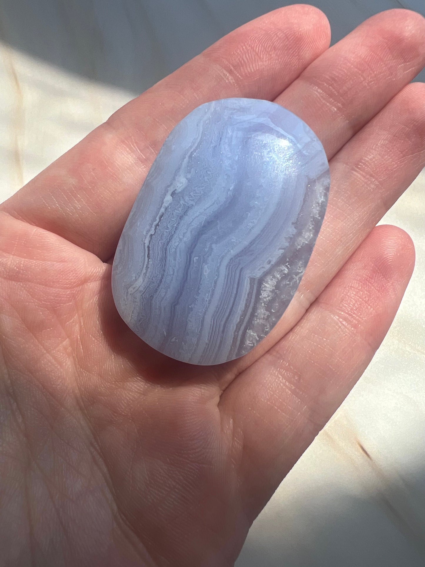 Beautiful Blue Lace Agate Palm Stone from South Africa | Blue Lace Agate Pebble