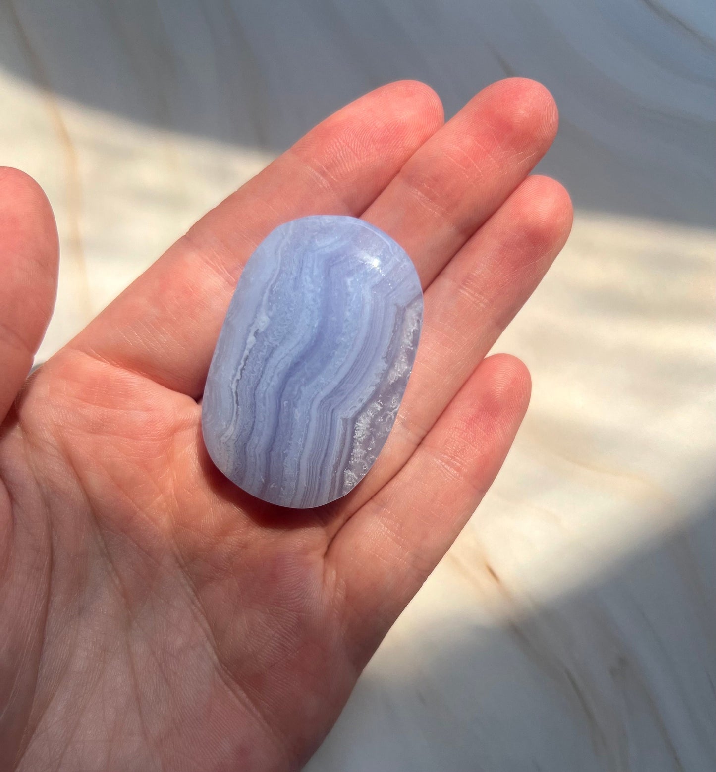 Beautiful Blue Lace Agate Palm Stone from South Africa | Blue Lace Agate Pebble