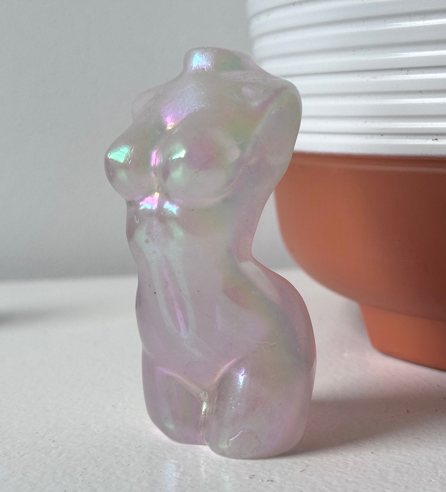 Stunning Aura Coated Rose Quartz Goddess Carving | Lady Body Torso Statue