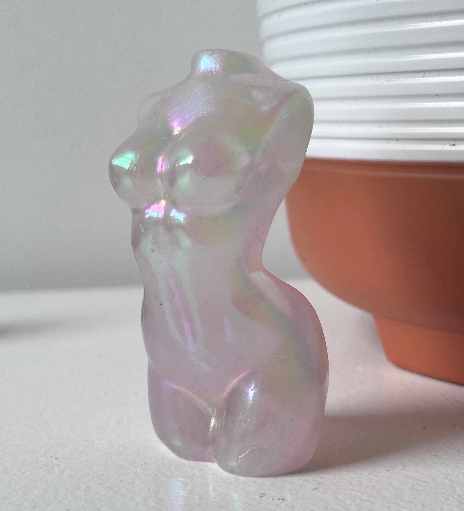 Stunning Aura Coated Rose Quartz Goddess Carving | Lady Body Torso Statue