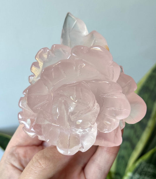 AAA Grade Rose Quartz Rose Carving | Hand Carved Rose Quartz Flower