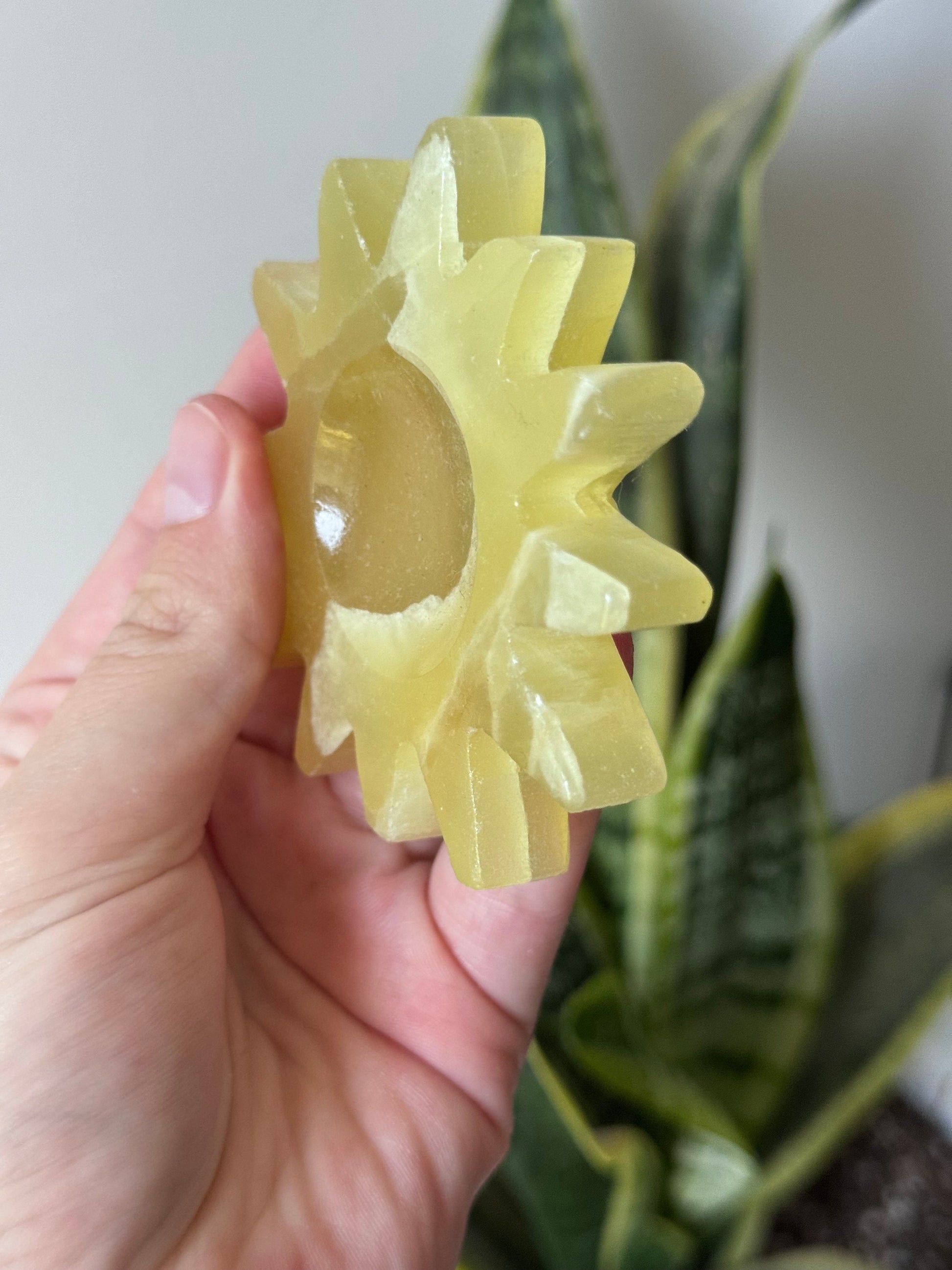 Gorgeous Hand Carved Yellow Calcite Sun from Pakistan | Hand Crafted Lemon Calcite Sun