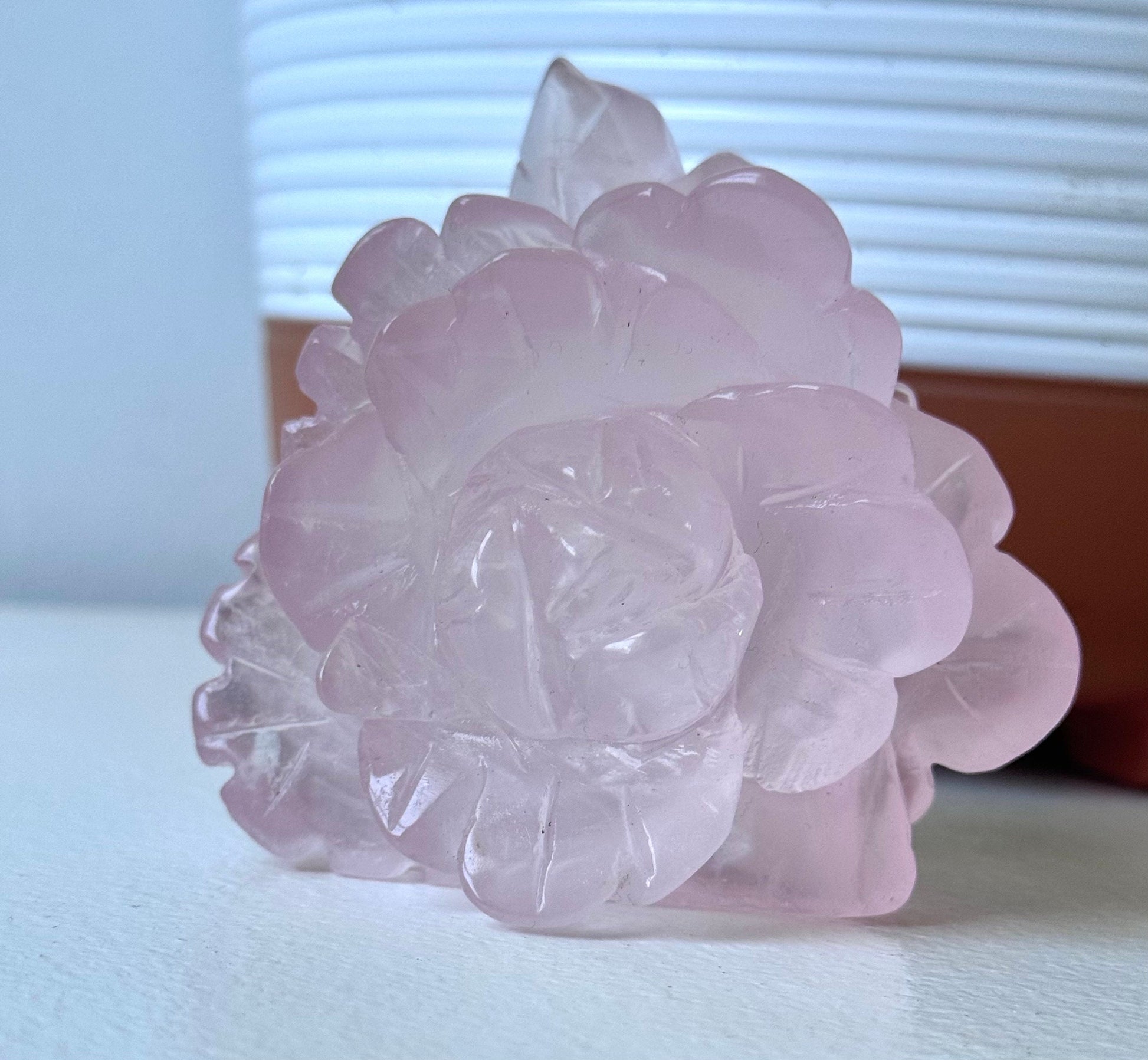 AAA Grade Rose Quartz Rose Carving | Hand Carved Rose Quartz Flower