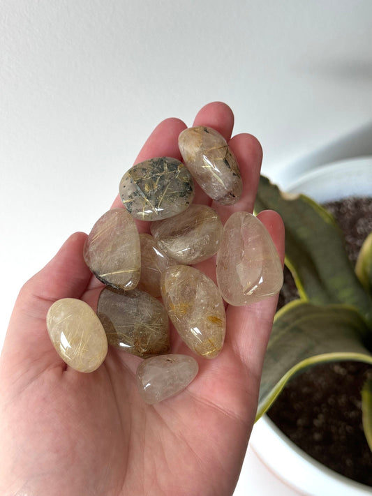 Rutilated Quartz Tumbled Stones | Golden Rutile in Quartz Tumbles