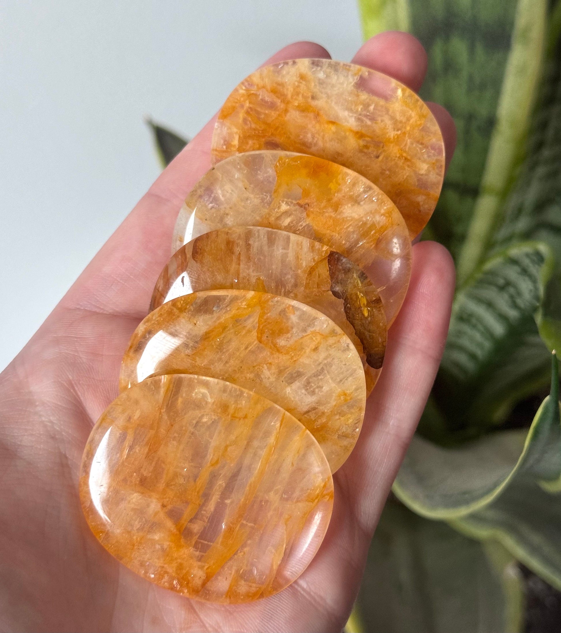 Beautiful Golden Healer Flat Stones | One Hematoid in Quartz Round Palm Stone Worry Stone Pebble