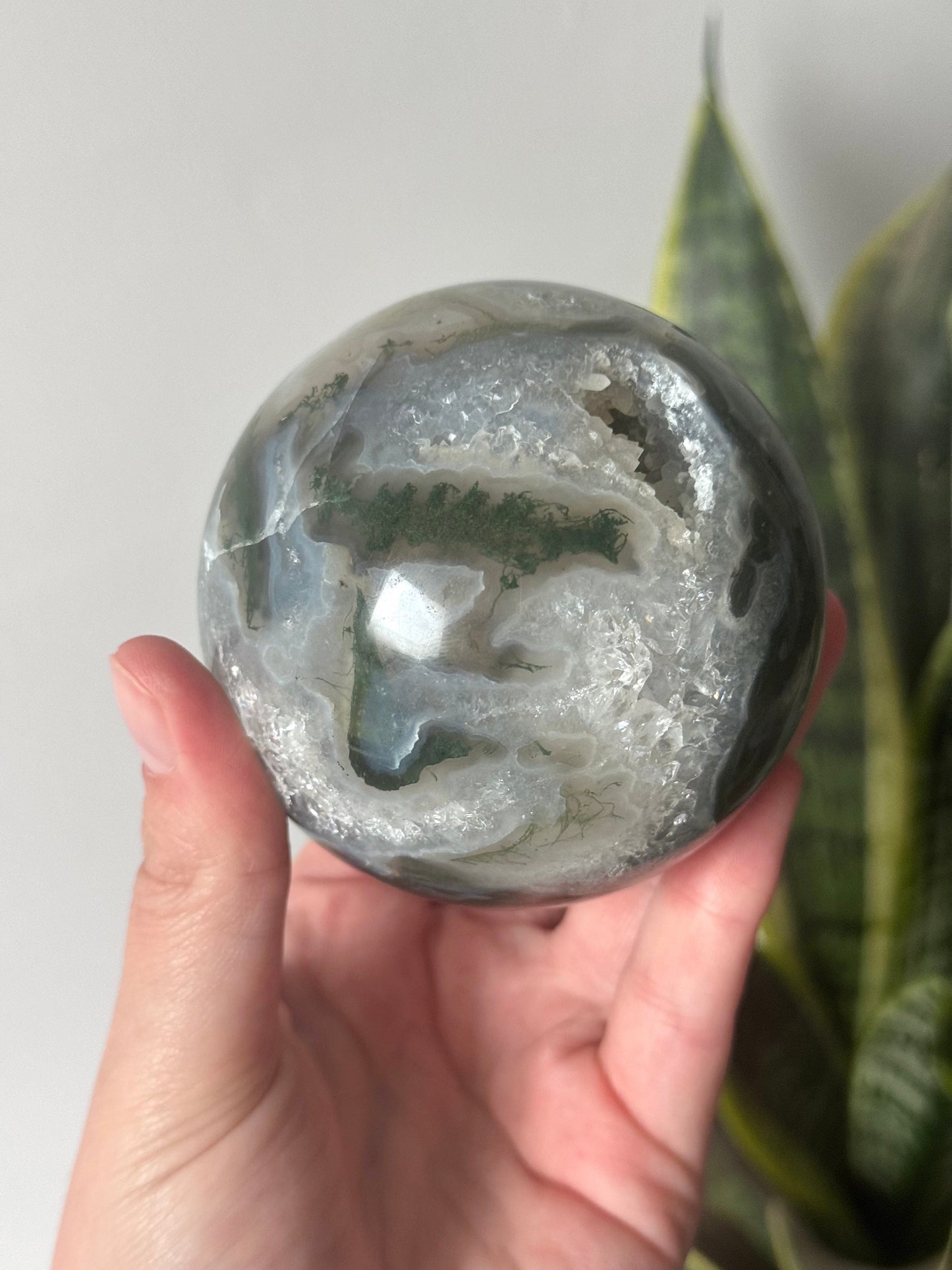 Beautiful Druzy Moss Agate Sphere 76mm | Moss Agate Crystal Ball