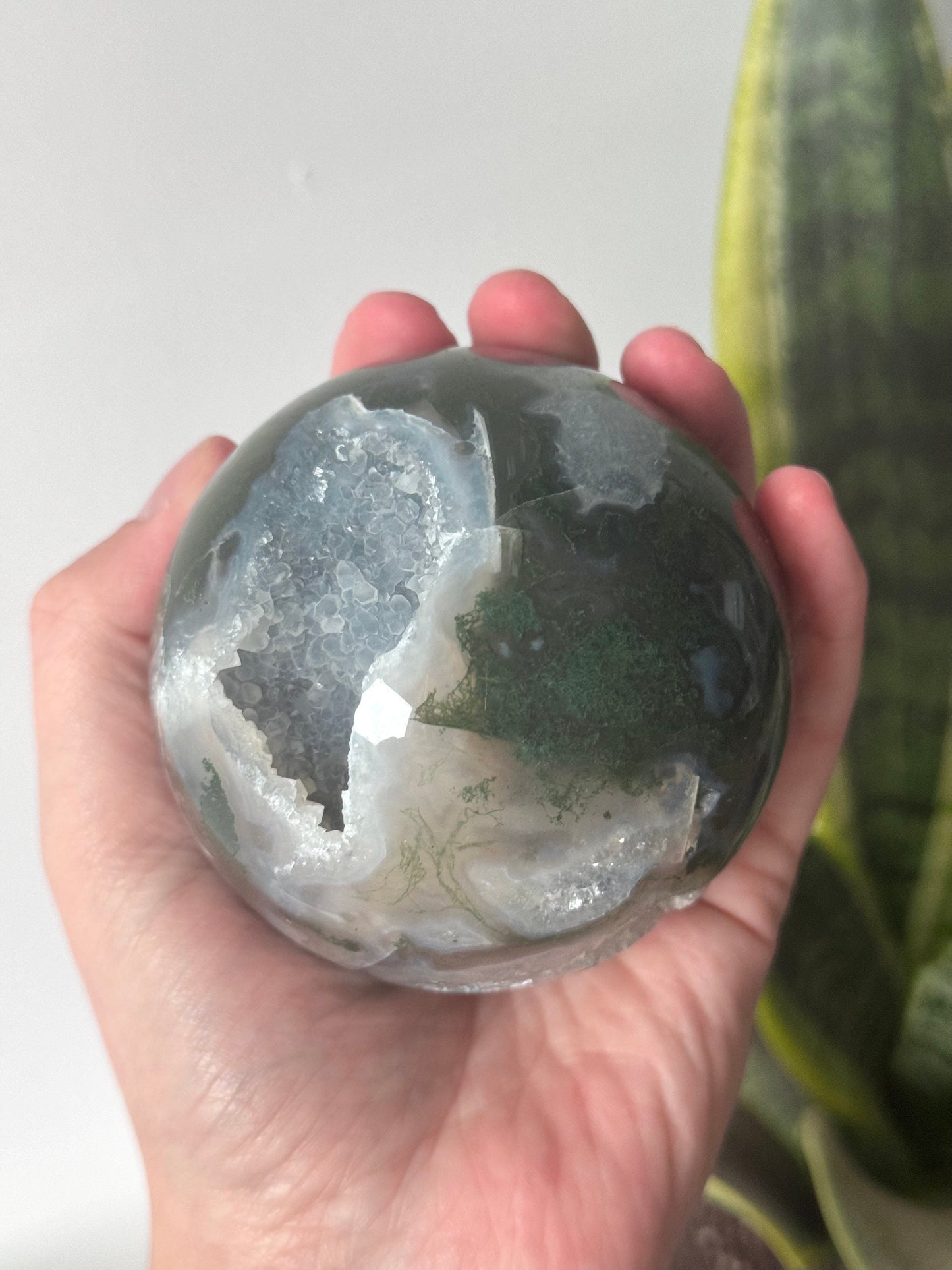 Beautiful Druzy Moss Agate Sphere 76mm | Moss Agate Crystal Ball
