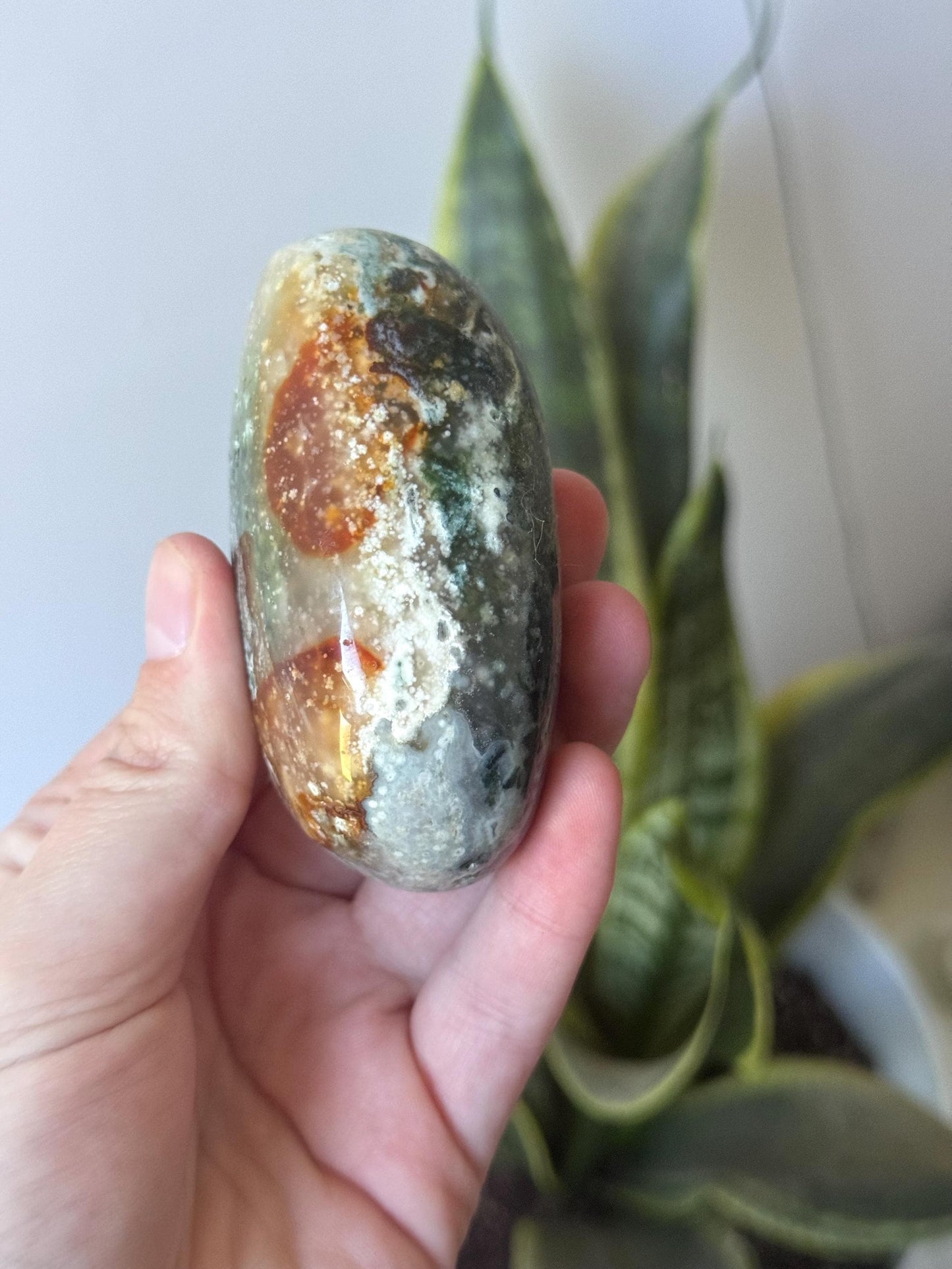 Beautiful Veinless Ocean Jasper Palm Stone from Madagascar