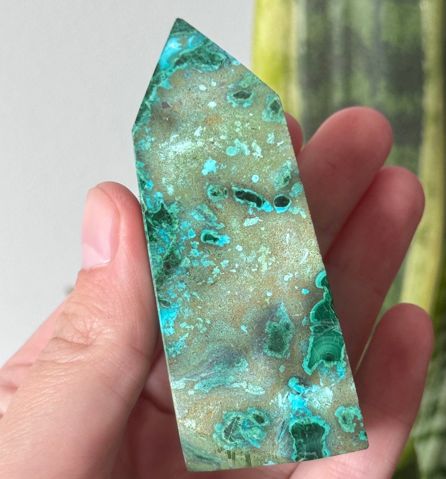 Beautiful Malachola Obelisk | Chrysocolla with Malachite Point with Cave