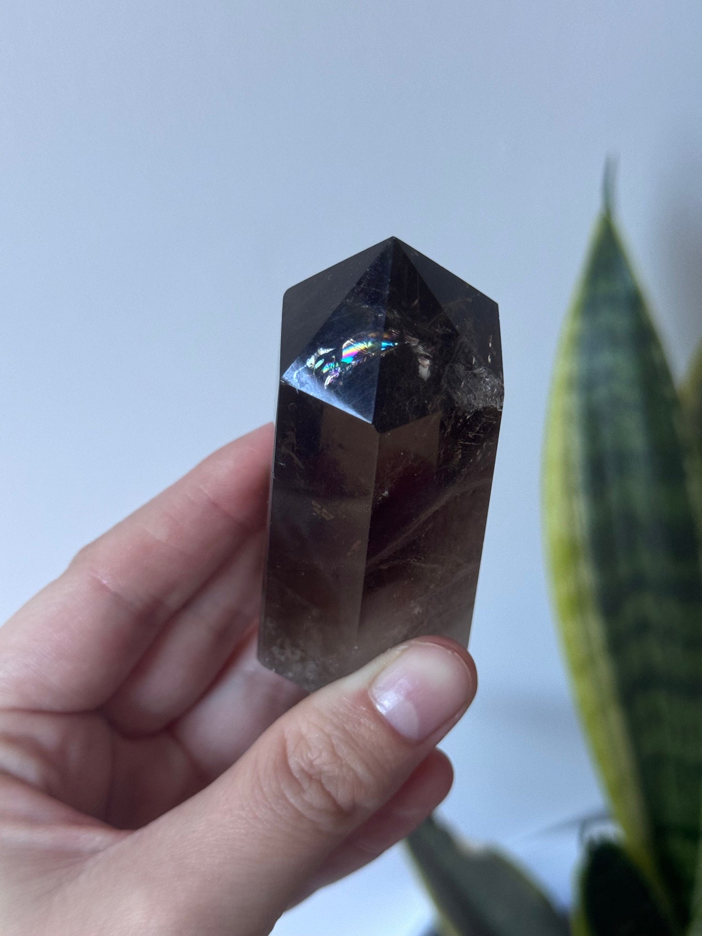 Beautiful Smoky Quartz Obelisk with Phantoms and Rainbow | Polished Smoky Quartz Tower with Rainbows