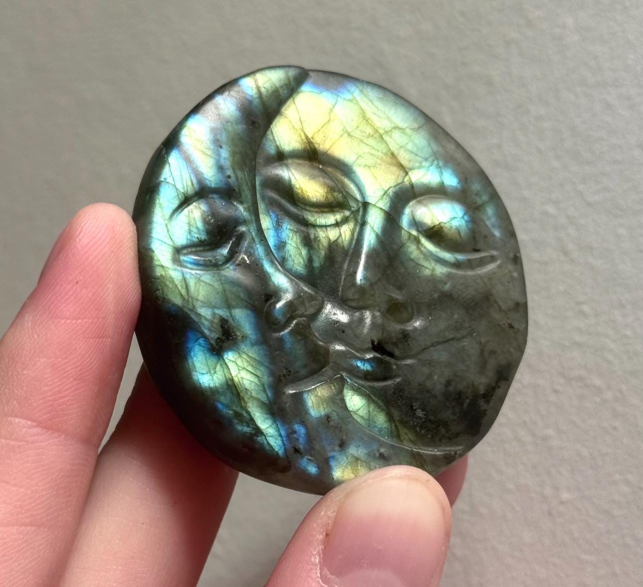 Beautiful Sunset Labradorite Sun & Moon Coins | One (1) Flashy Labradorite Sun With Moon Carving