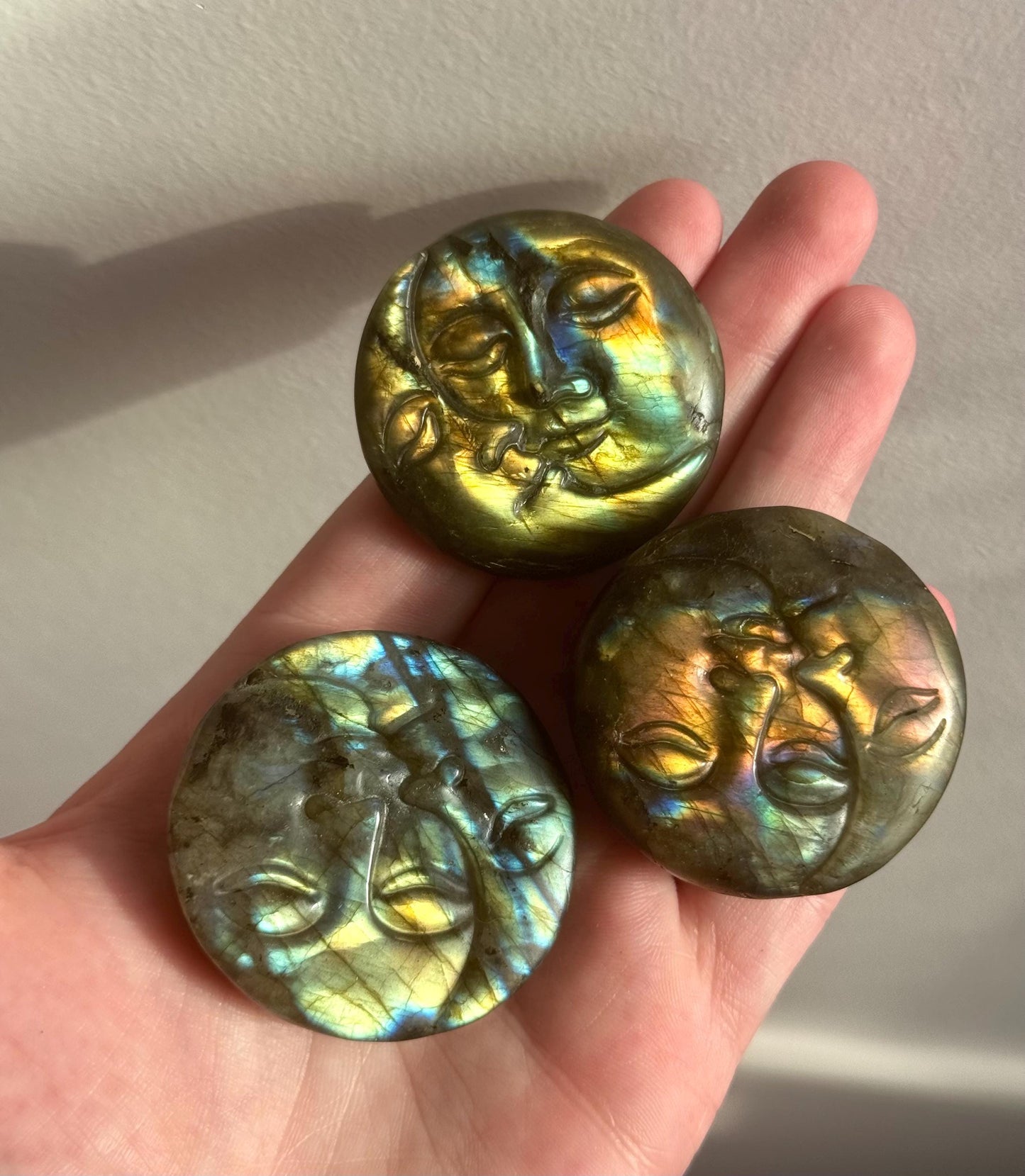 Beautiful Sunset Labradorite Sun & Moon Coins | One (1) Flashy Labradorite Sun With Moon Carving