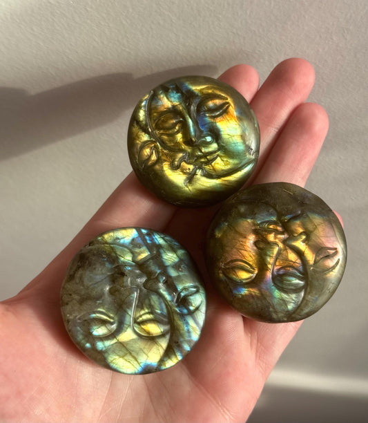 Beautiful Sunset Labradorite Sun & Moon Coins | One (1) Flashy Labradorite Sun With Moon Carving