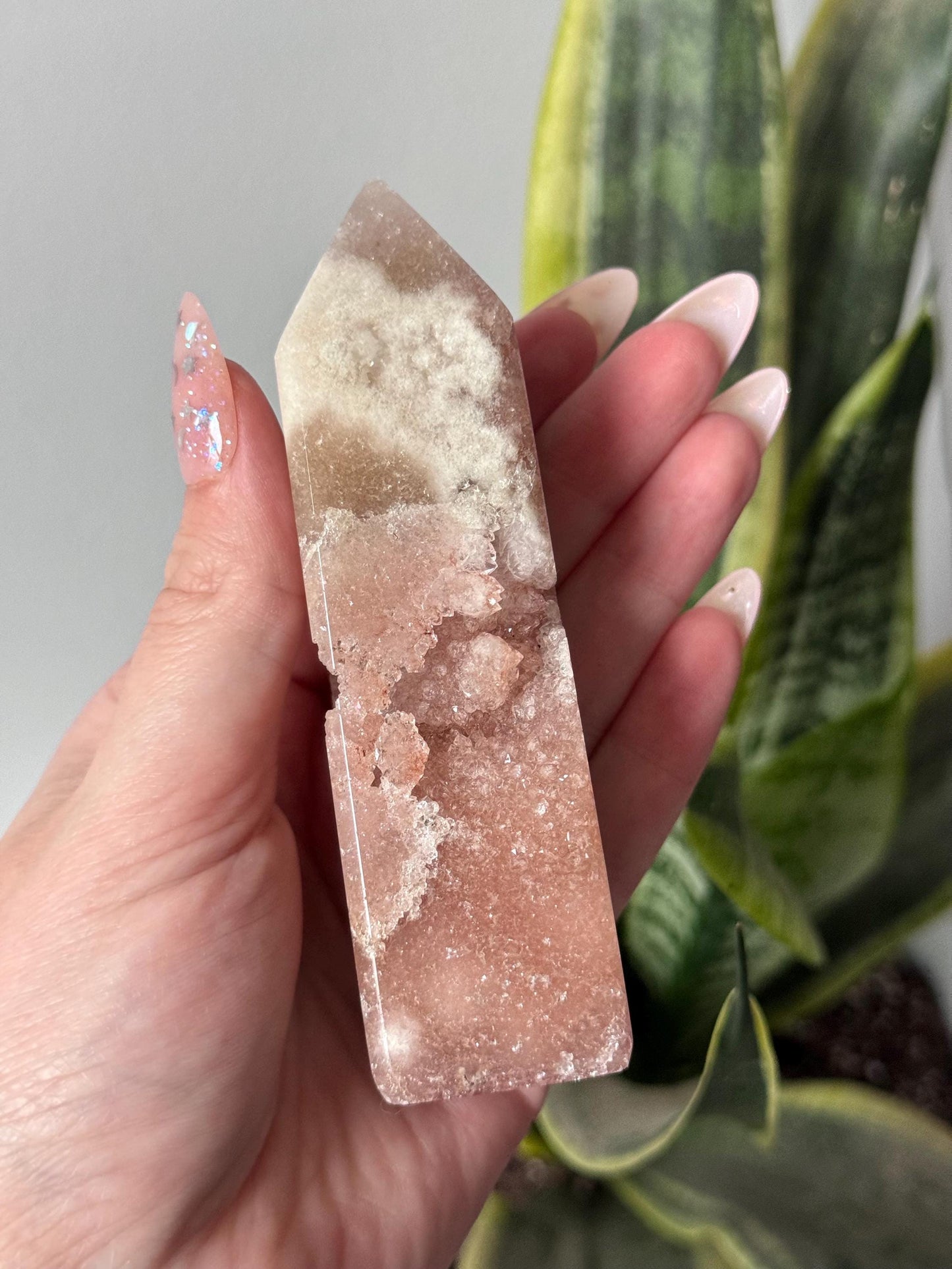 Pink Amethyst with Flower Agate Tower with Portal Druzy Pink Flower Amethyst Obelisk