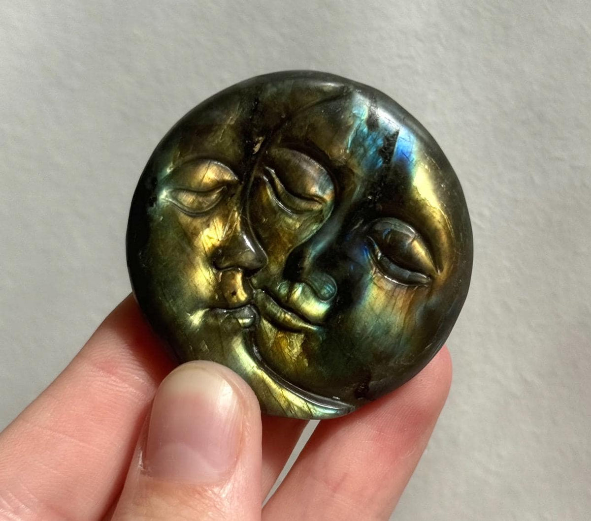 Beautiful Sunset Labradorite Sun & Moon Coins | One (1) Flashy Labradorite Sun With Moon Carving