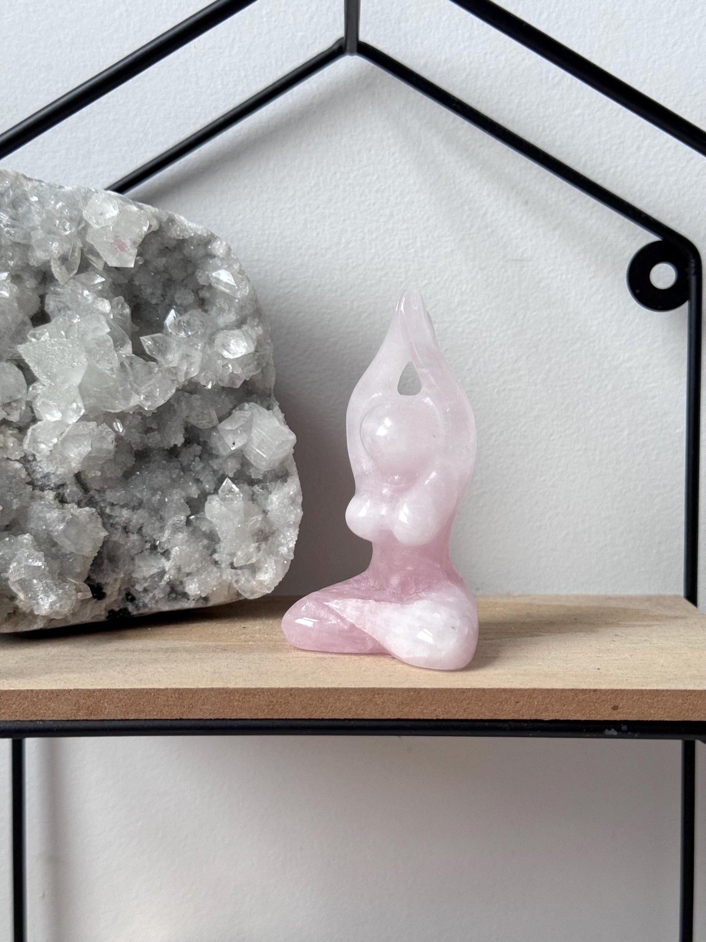 Beautiful Rose Quartz Yoga Pose Goddess Figurine | Meditating Pose Crystal Carving
