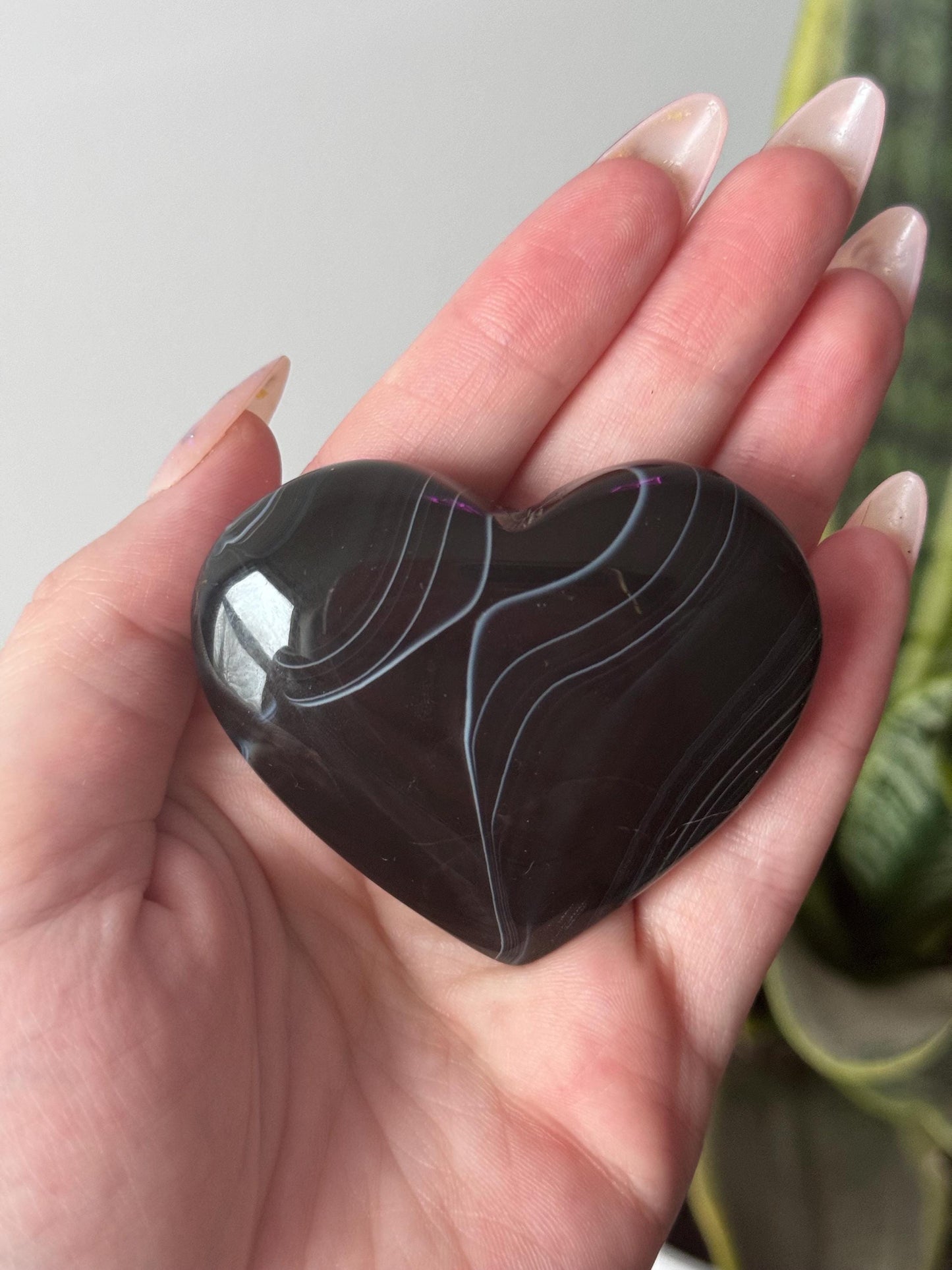 Beautiful Banded Black Agate Puffy Heart Carving from Mexico