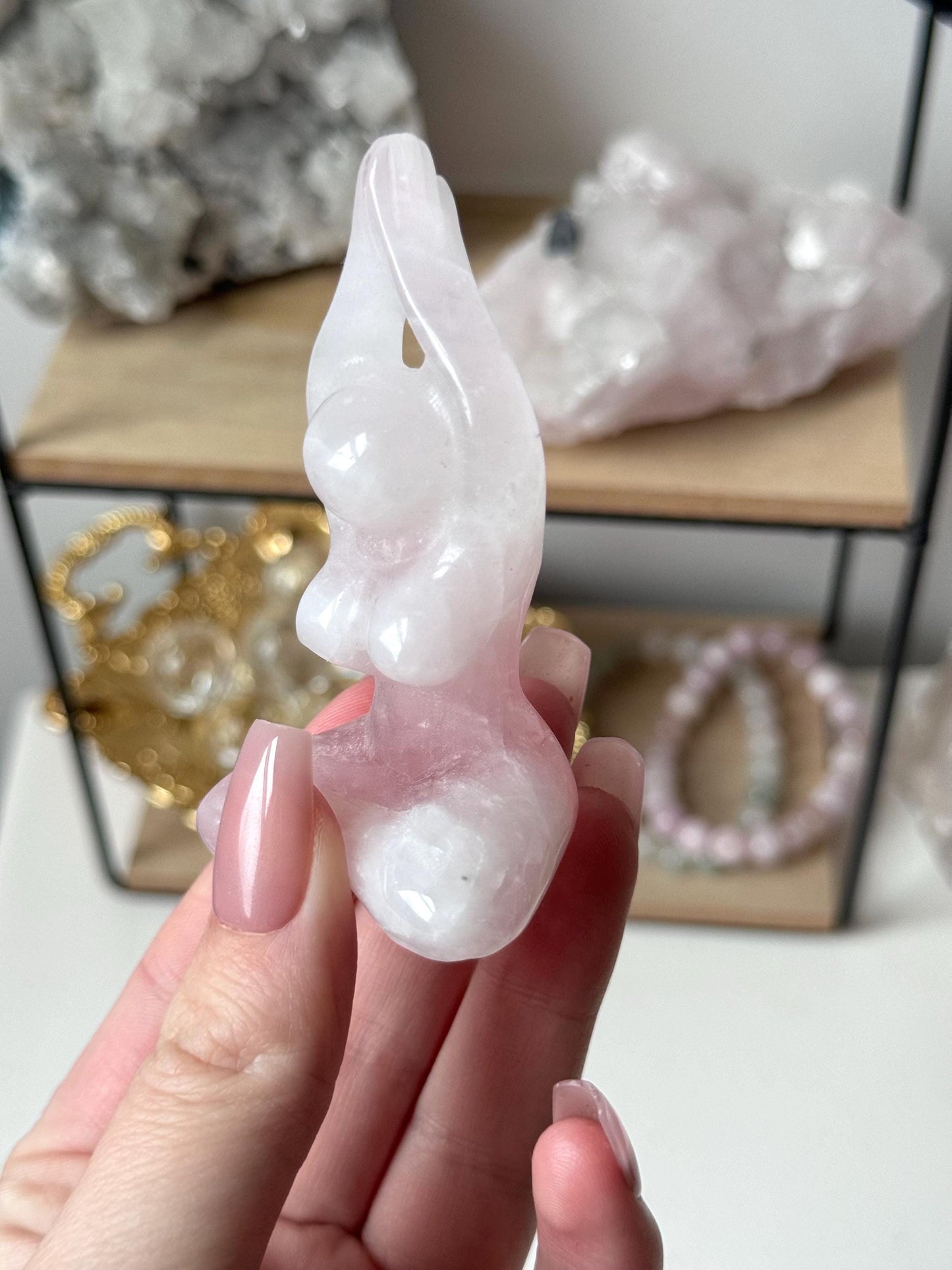 Beautiful Rose Quartz Yoga Pose Goddess Figurine | Meditating Pose Crystal Carving