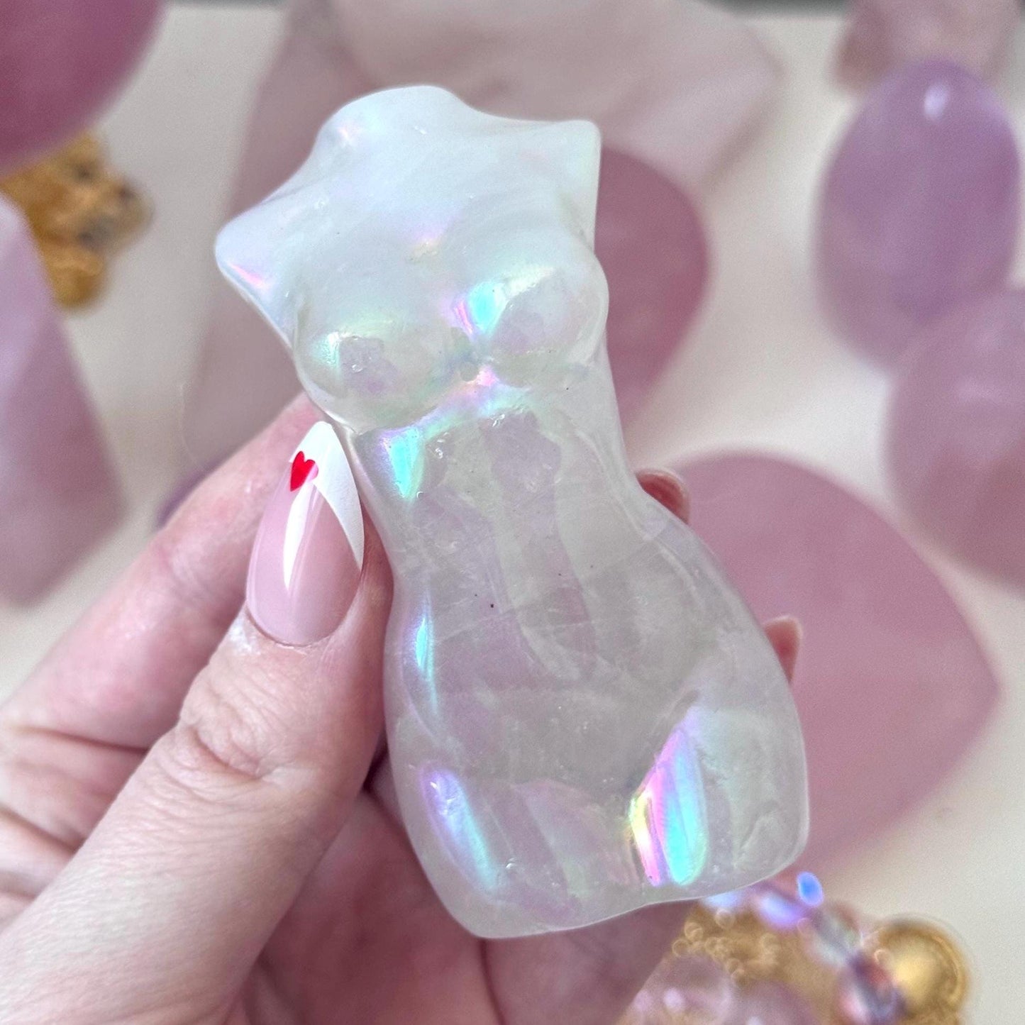 Stunning Aura Coated Rose Quartz Goddess Carving | Lady Body Torso Statue