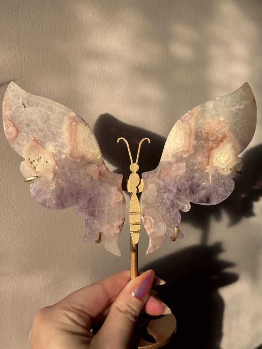 Beautiful Pink Amethyst with Flower Agate Butterfly Wings with Display Stand from Brazil