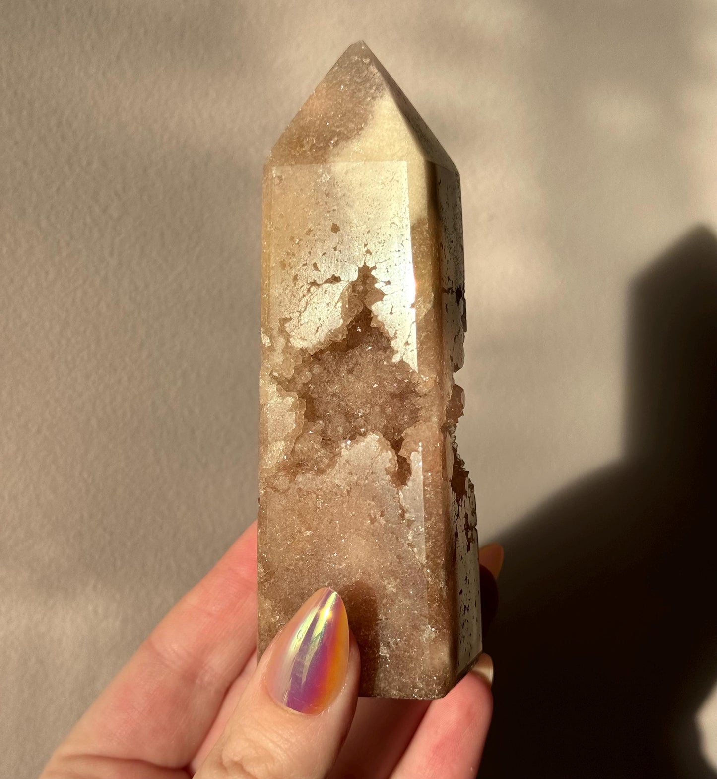 Pink Amethyst with Flower Agate Tower with Portal Druzy Pink Flower Amethyst Obelisk