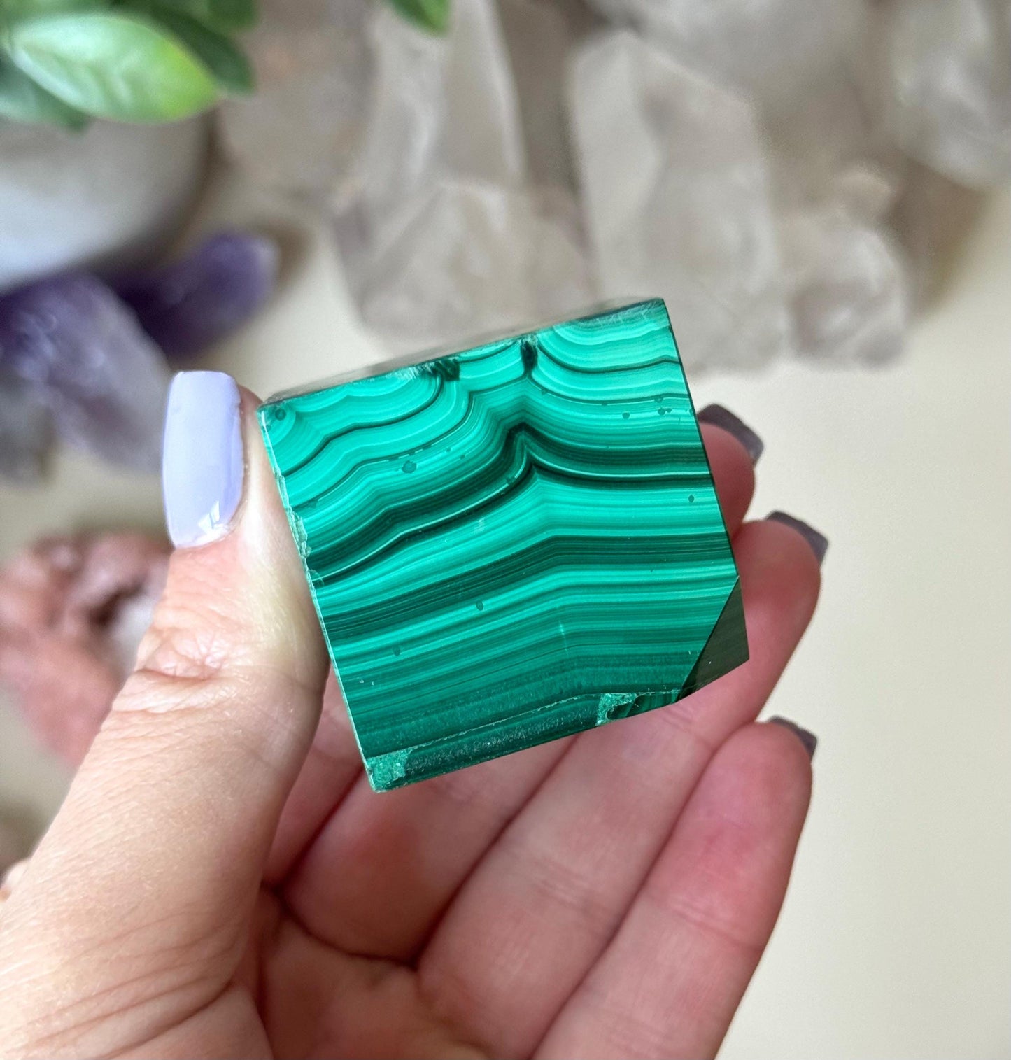 Beautiful Malachite Cube | Banded Malachite Tilted Cube Polished
