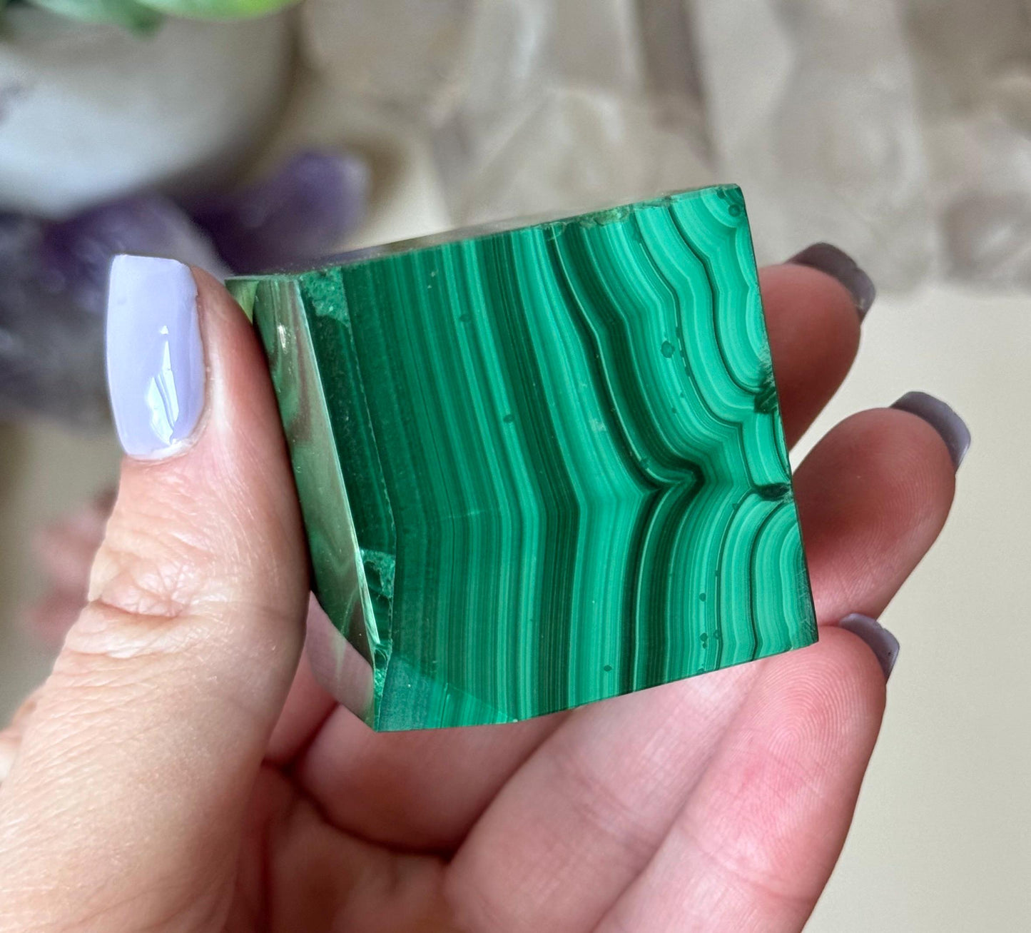 Beautiful Malachite Cube | Banded Malachite Tilted Cube Polished