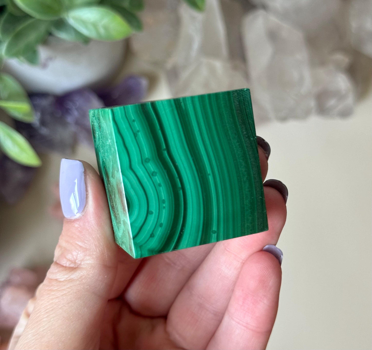 Beautiful Malachite Cube | Banded Malachite Tilted Cube Polished