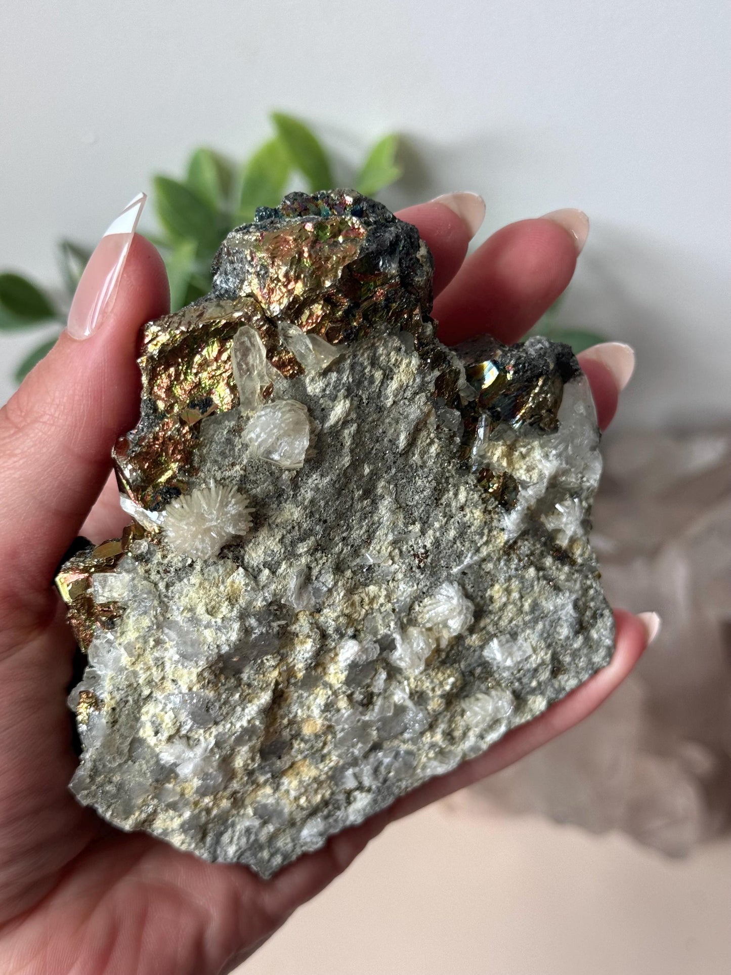 Beautiful Rainbow Pyrite on Calcite with Clear Quartz | Irredescent Pyrite Calcite & Quartz