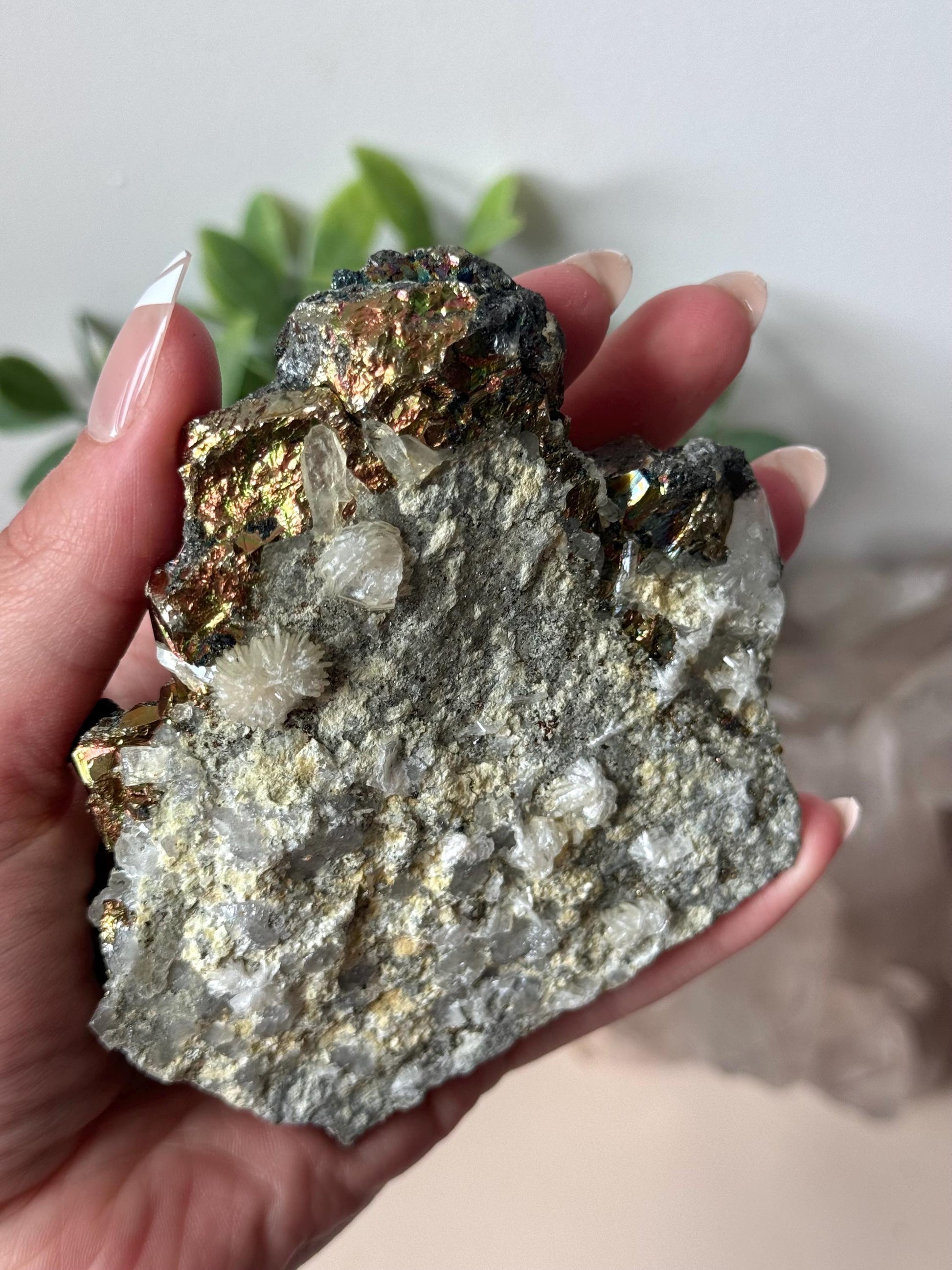 Beautiful Rainbow Pyrite on Calcite with Clear Quartz | Irredescent Pyrite Calcite & Quartz