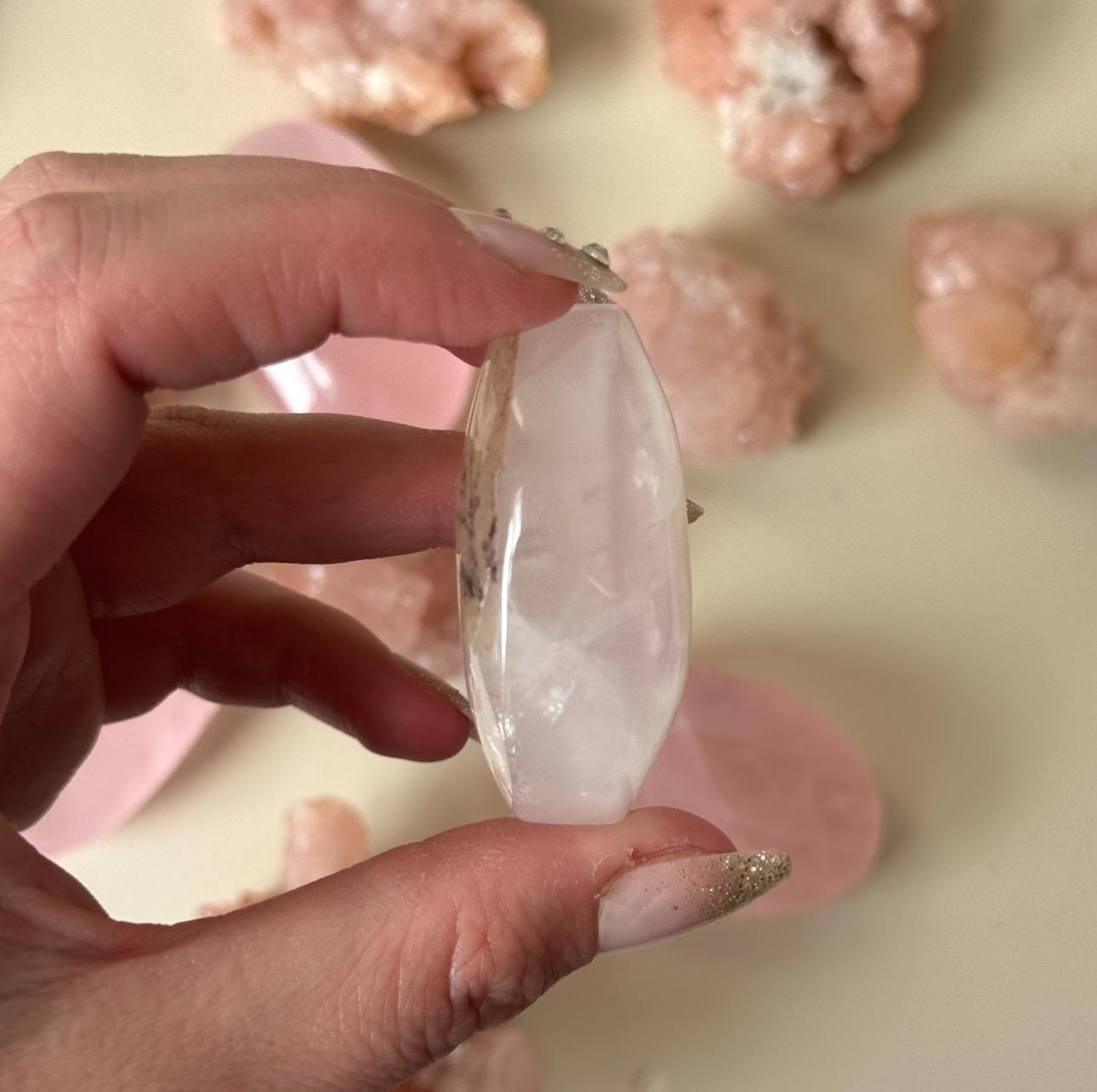 Gorgeous Rose Quartz Palmstone with Dentritic Inclusions | Dentritic Rose Quartz Palm Stone