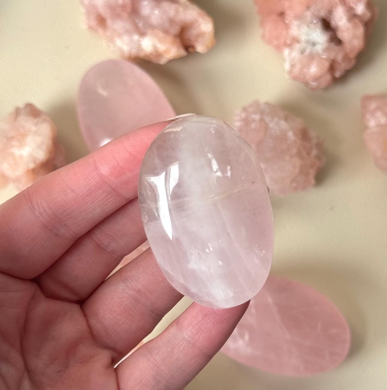 Gorgeous Rose Quartz Palmstone with Dentritic Inclusions | Dentritic Rose Quartz Palm Stone