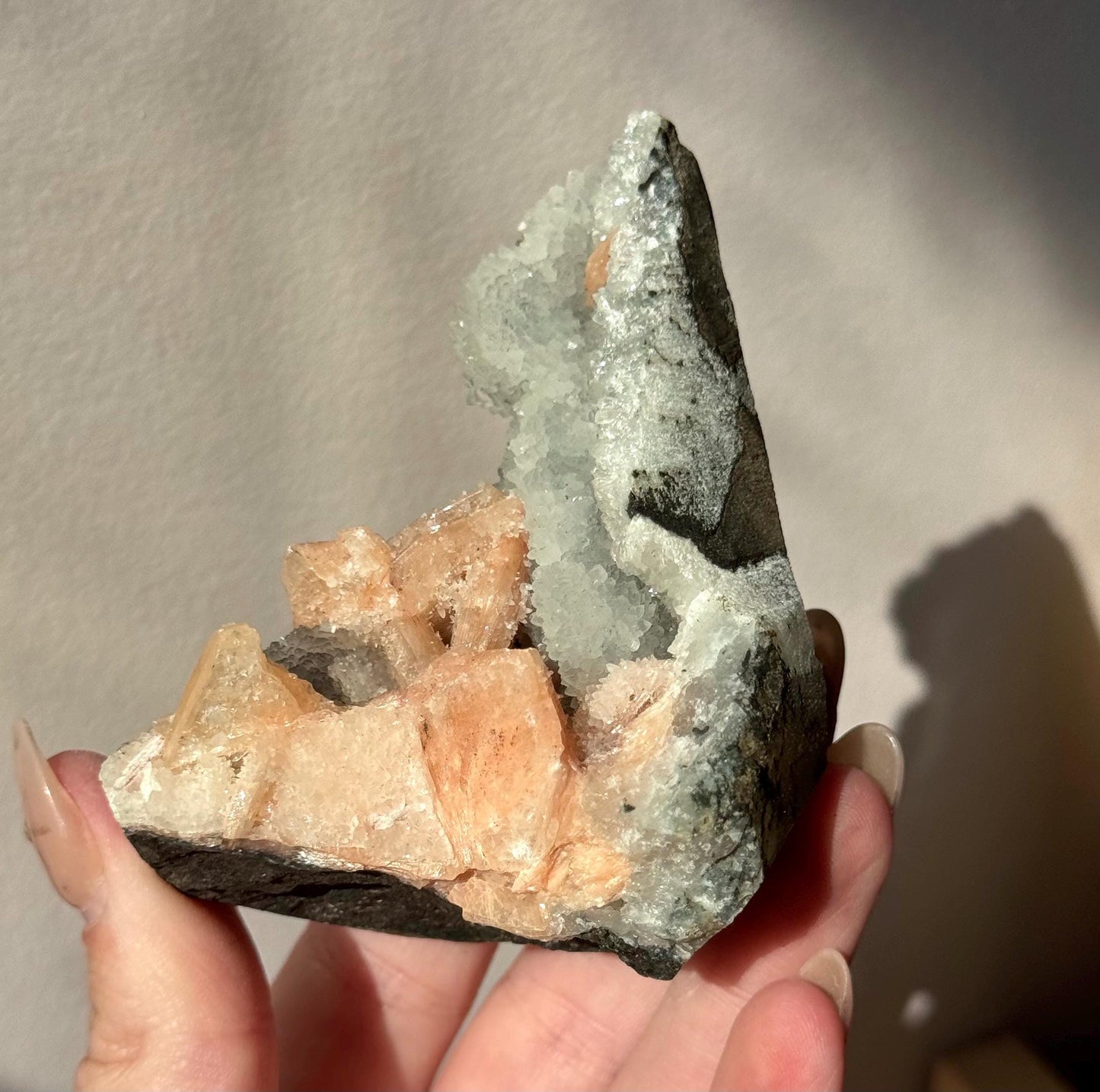 Beautiful Druzy Blue Chalcedony with Peach Stillbites Cluster from India