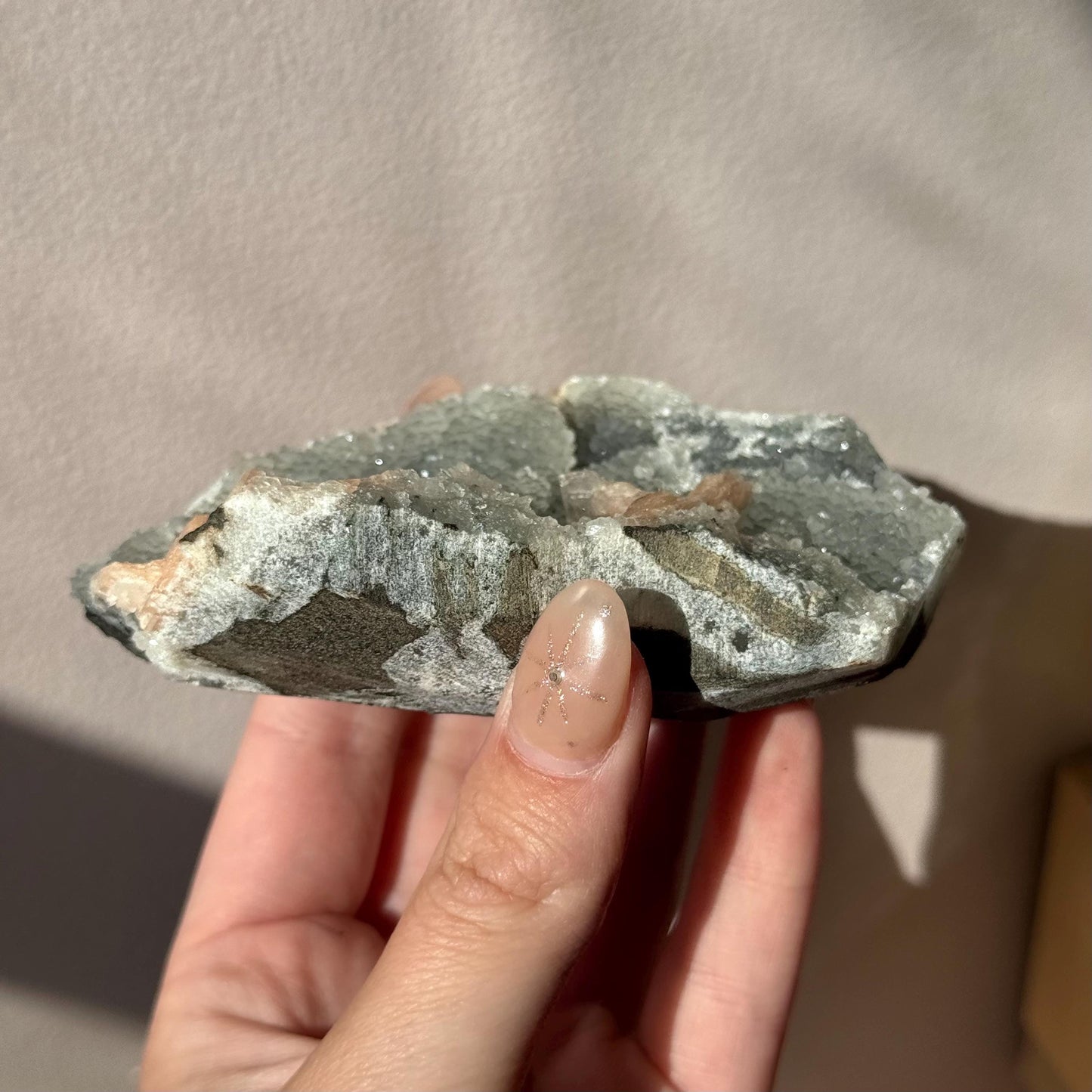 Beautiful Druzy Blue Chalcedony with Peach Stillbites Cluster from India