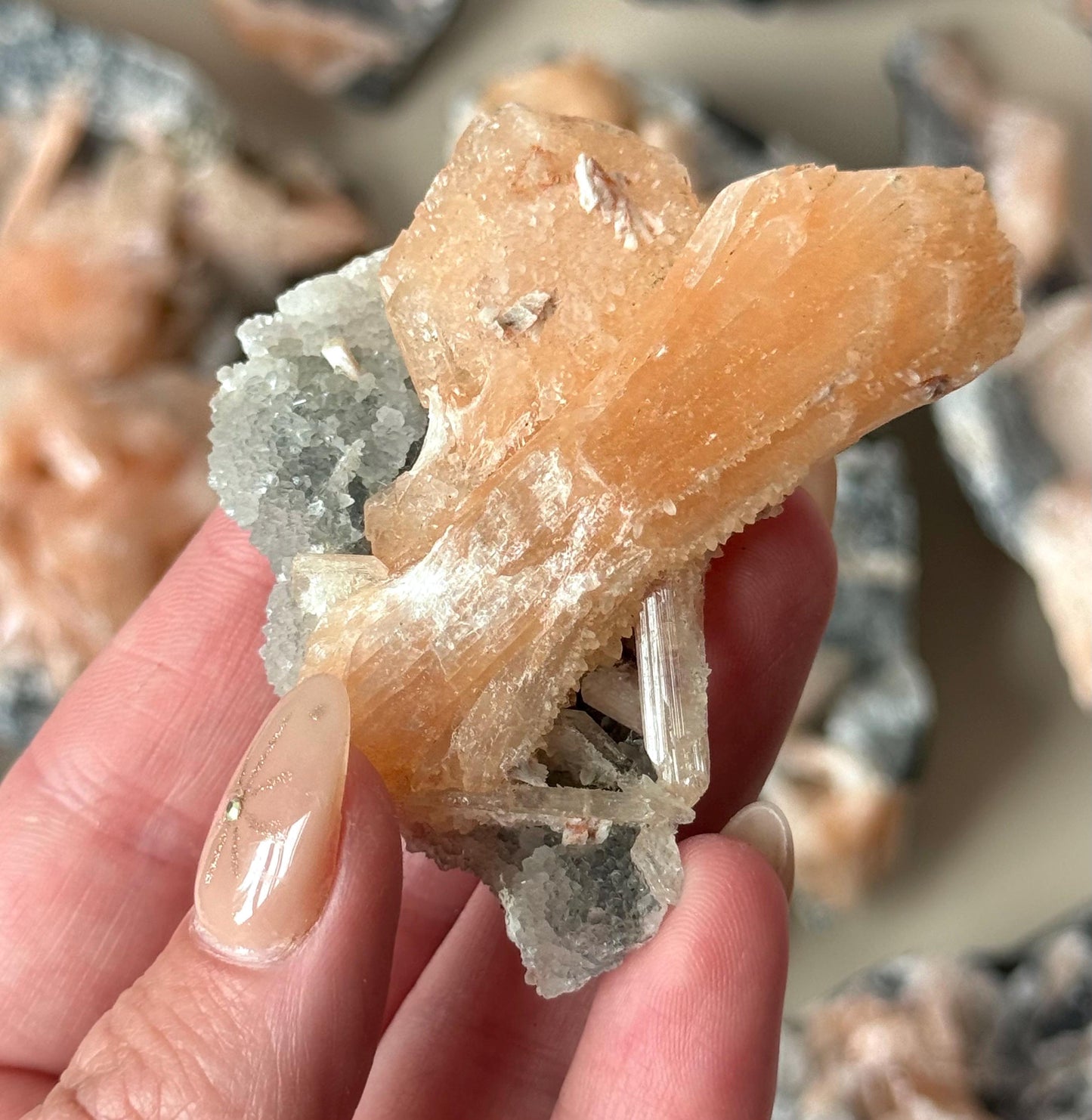 Beautiful Druzy Blue Chalcedony with Peach Stillbites Cluster from India