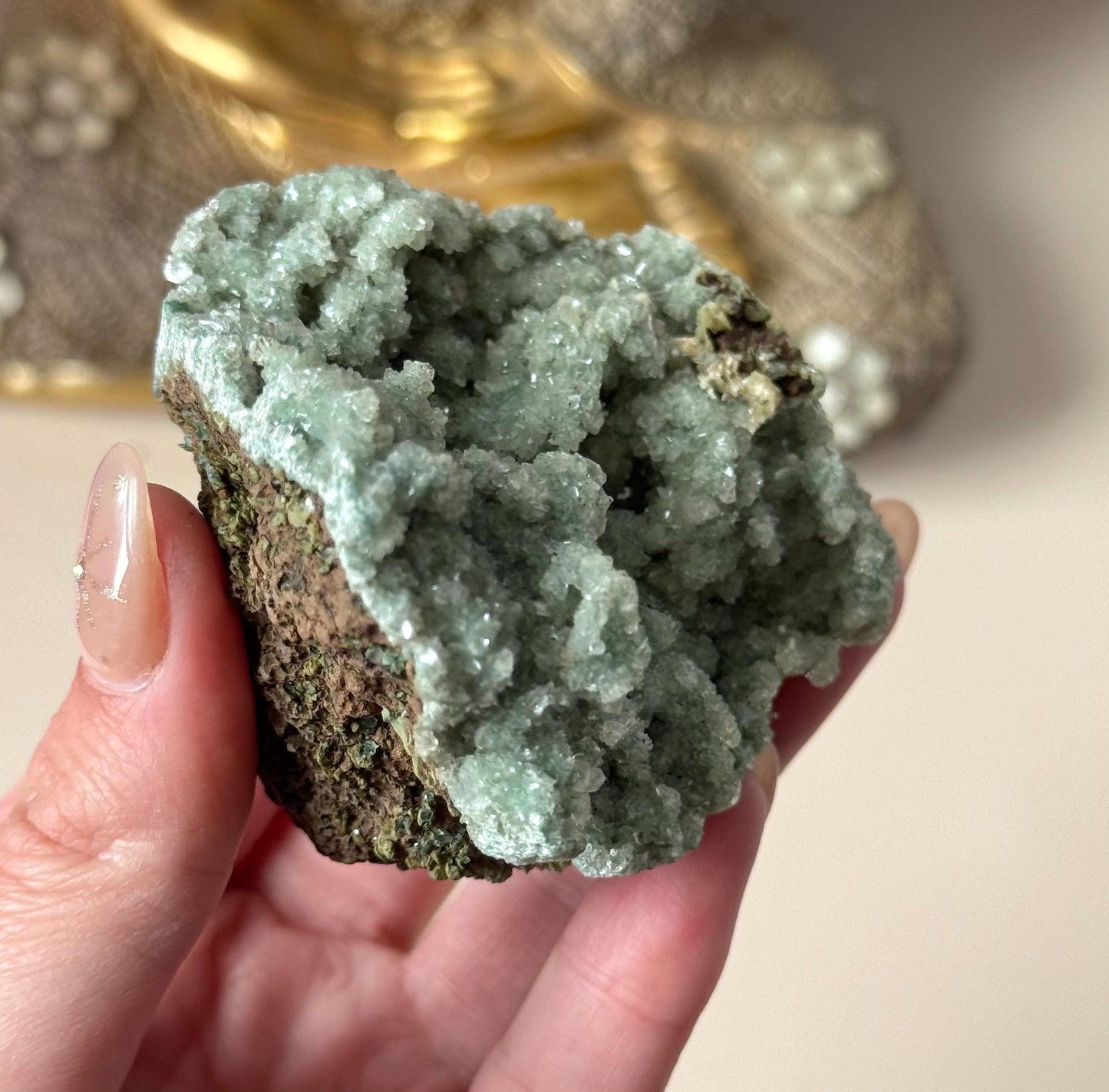 Stunning Green Chalcedony with Druzy Apophyllite and Heulandite Cluster from India