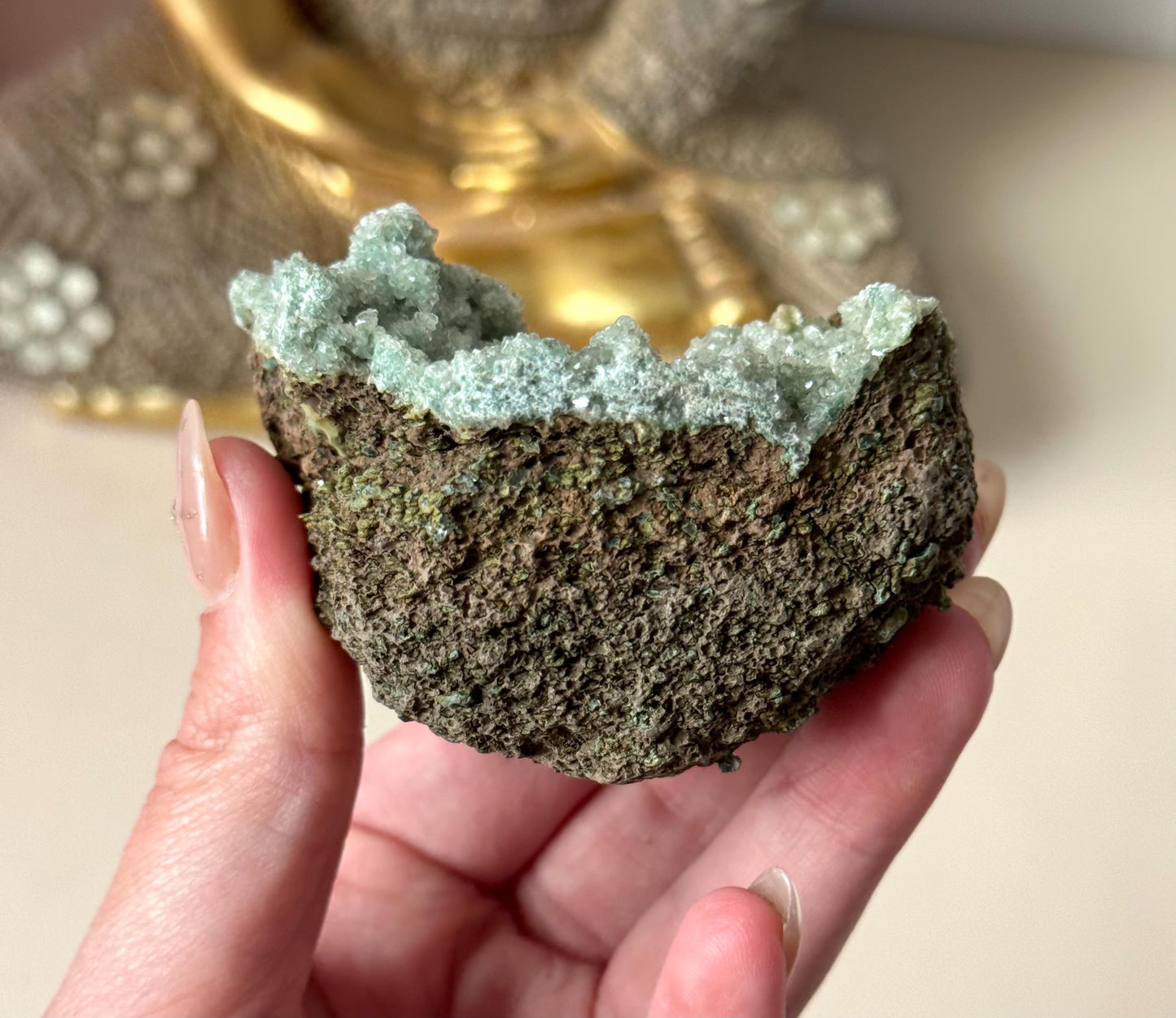 Stunning Green Chalcedony with Druzy Apophyllite and Heulandite Cluster from India