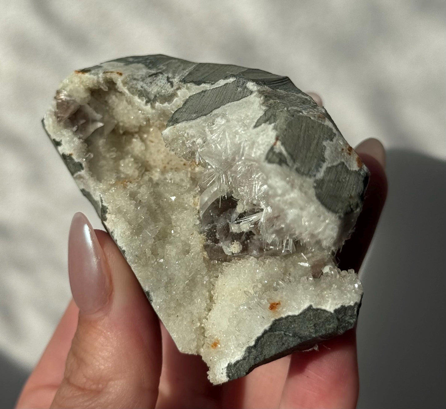 Beautiful Mesolite on Druzy Apophyllite Geode from India | Mesolite Specimen on Apophyllite