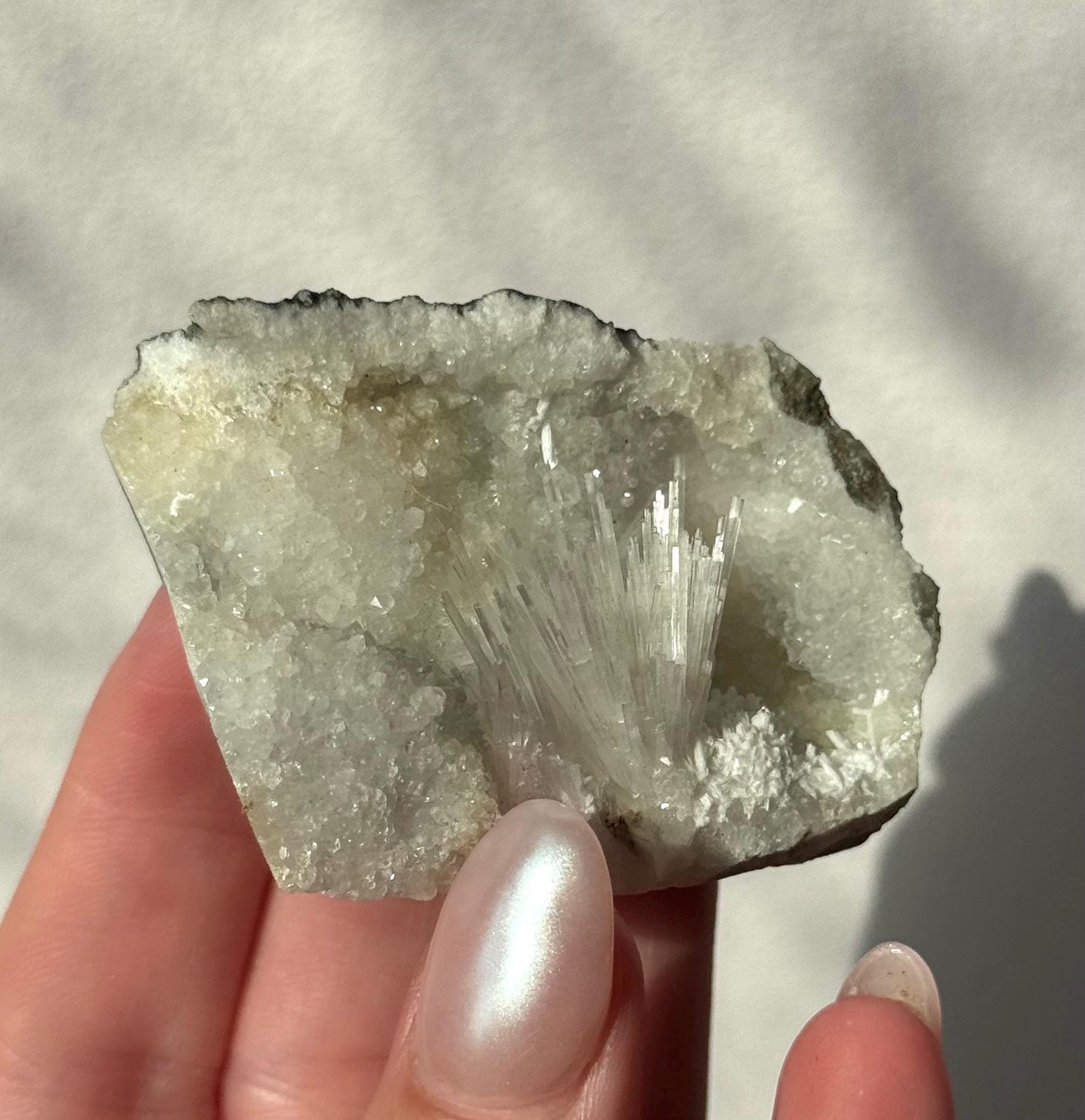 Beautiful Mesolite on Druzy Apophyllite Geode from India | Small Mesolite Specimen on Apophyllite