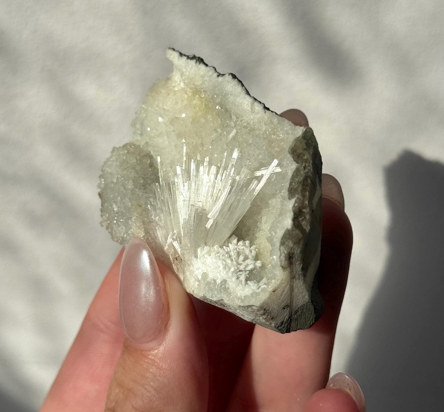 Beautiful Mesolite on Druzy Apophyllite Geode from India | Small Mesolite Specimen on Apophyllite