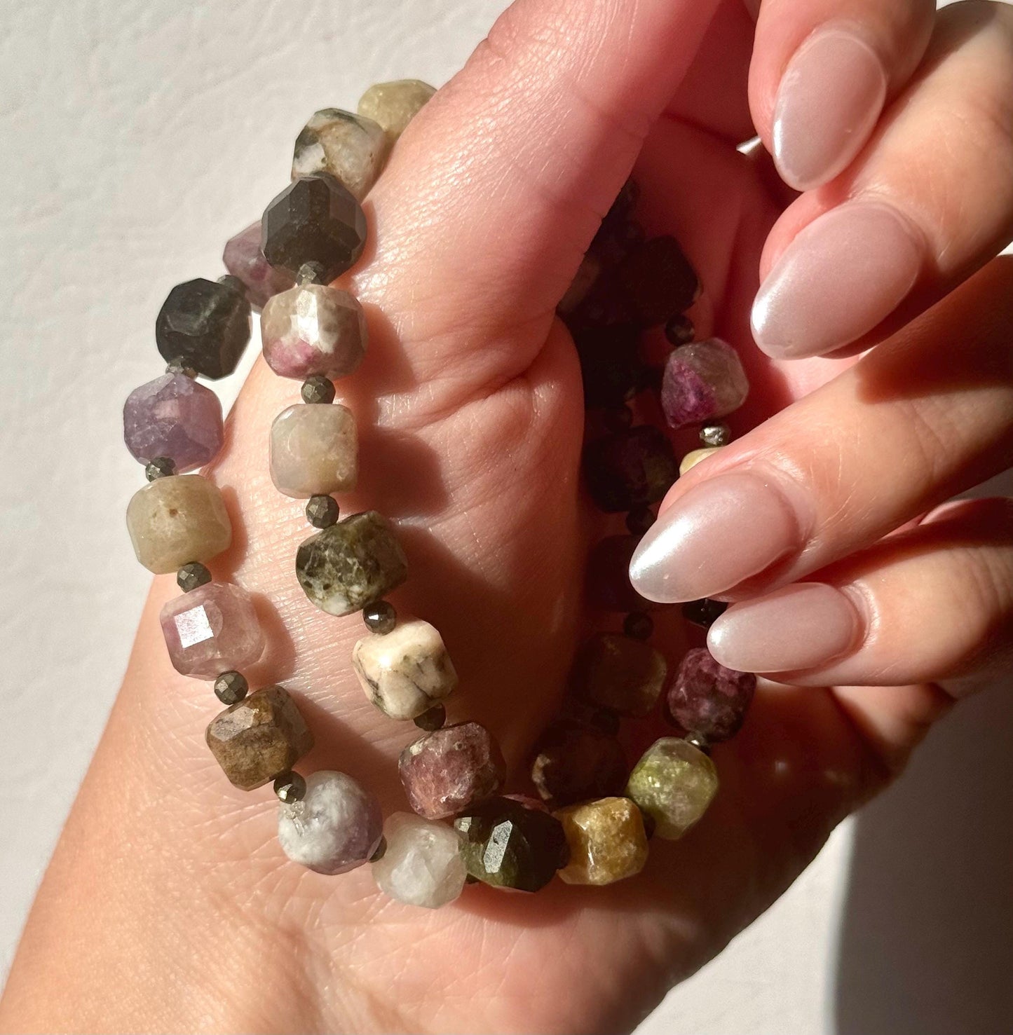 Stunning Watermelon Tourmaline & Pyrite Beaded Bracelet | 10mm Cube Beads Rainbow Tourmaline Accessory