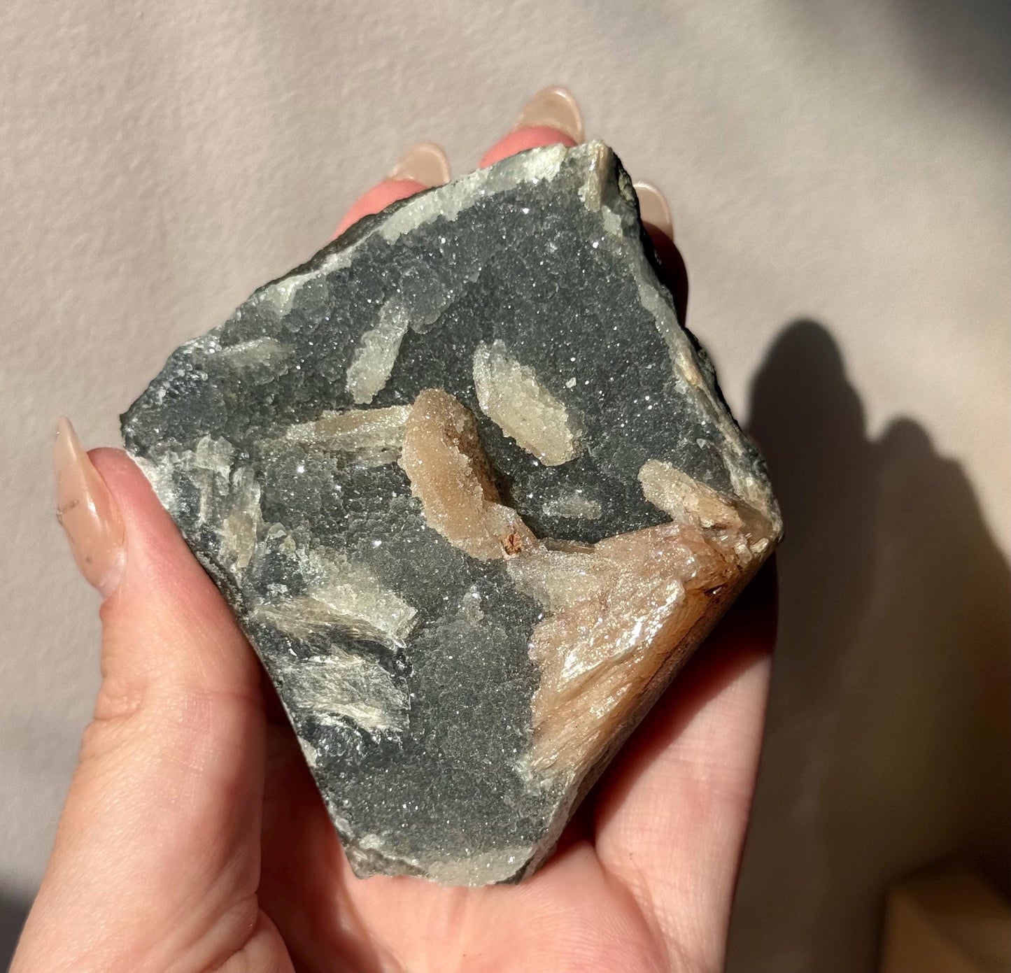 Beautiful Druzy Blue Chalcedony with Peach Stillbites Cluster from India