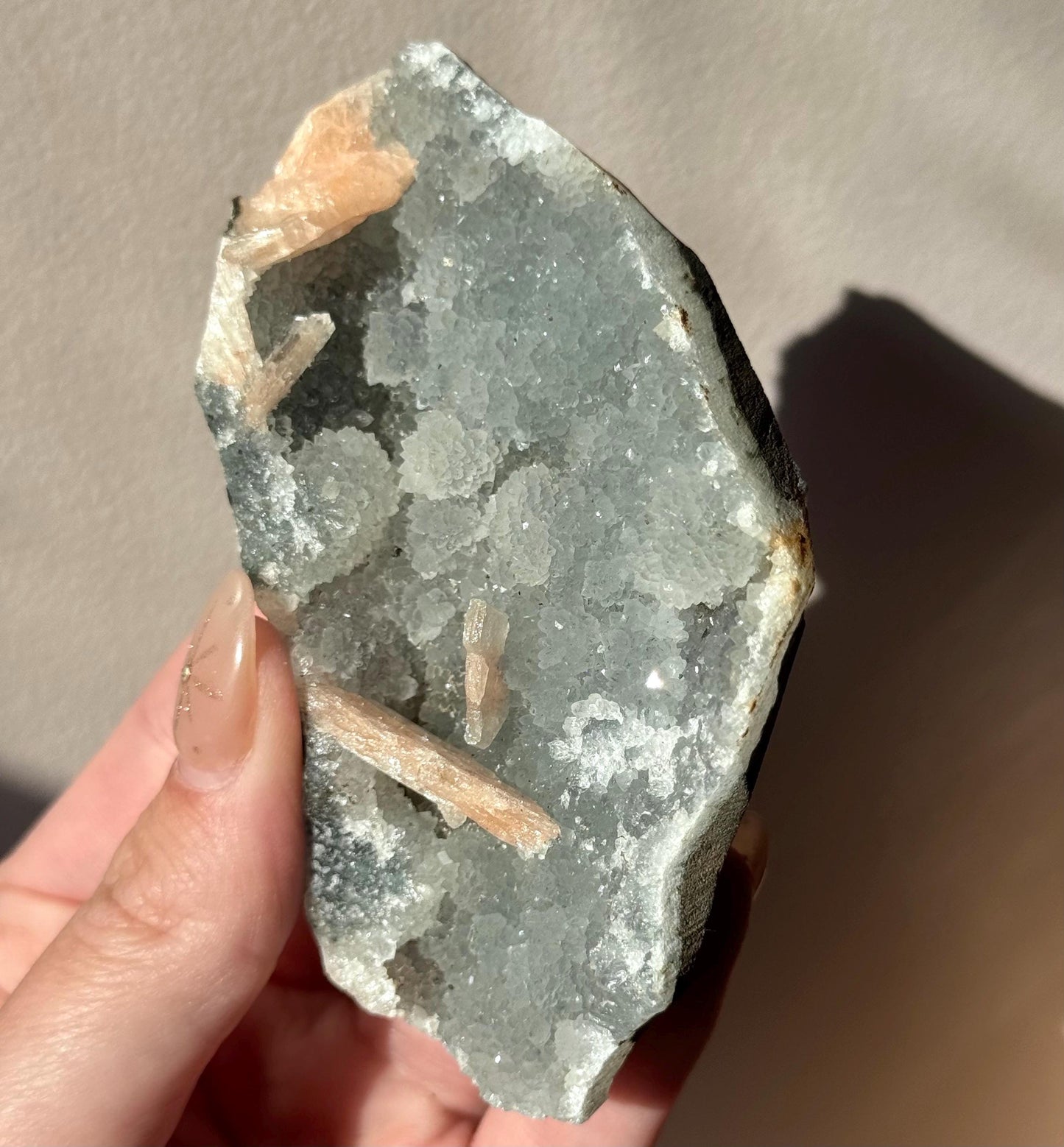 Beautiful Druzy Blue Chalcedony with Peach Stillbites Cluster from India