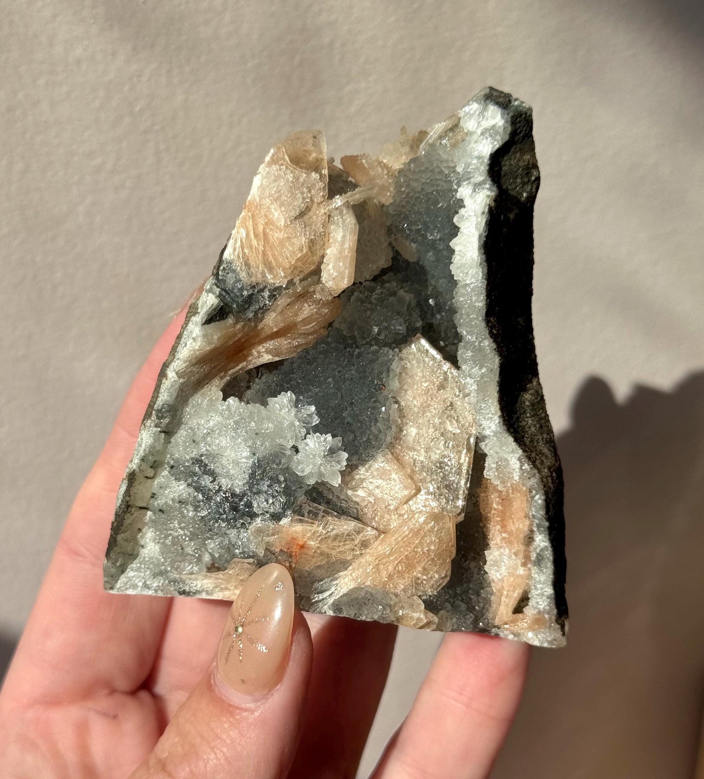 Beautiful Druzy Blue Chalcedony with Peach Stillbites Cluster from India