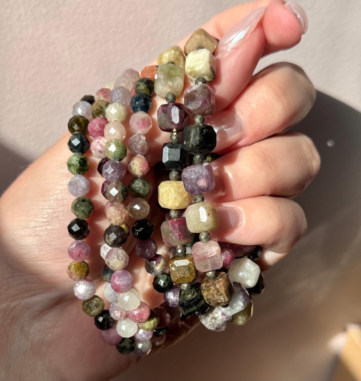 Stunning Watermelon Tourmaline & Pyrite Beaded Bracelet | 10mm Cube Beads Rainbow Tourmaline Accessory