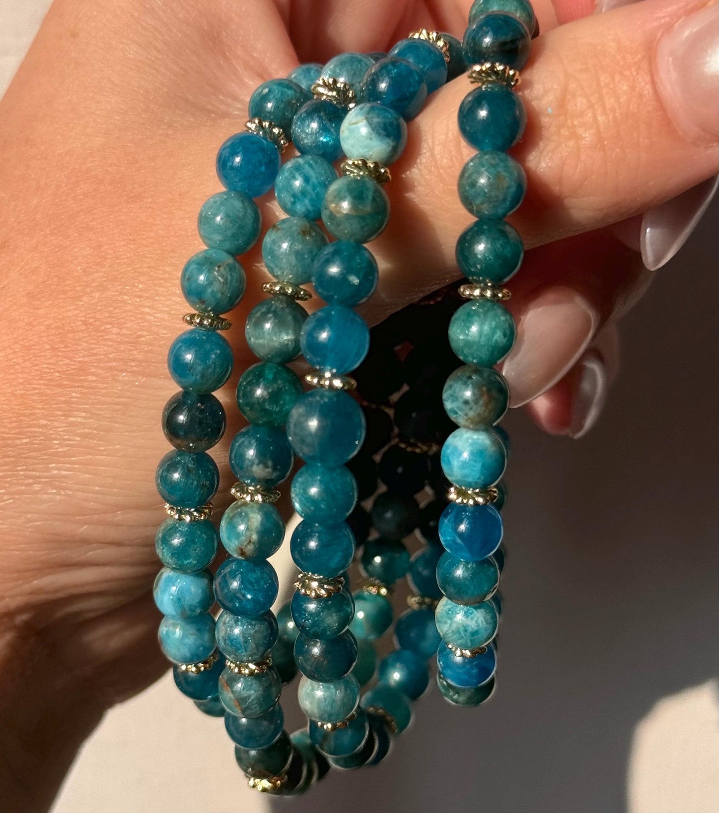 Beautiful Blue Apatite Bracelet with 18KT Gold Plated Accents | 6mm Blue Apatite Beaded Bracelet