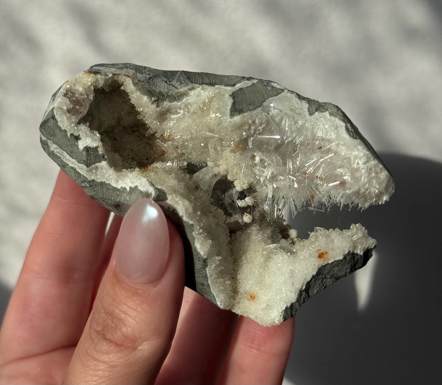 Beautiful Mesolite on Druzy Apophyllite Geode from India | Mesolite Specimen on Apophyllite